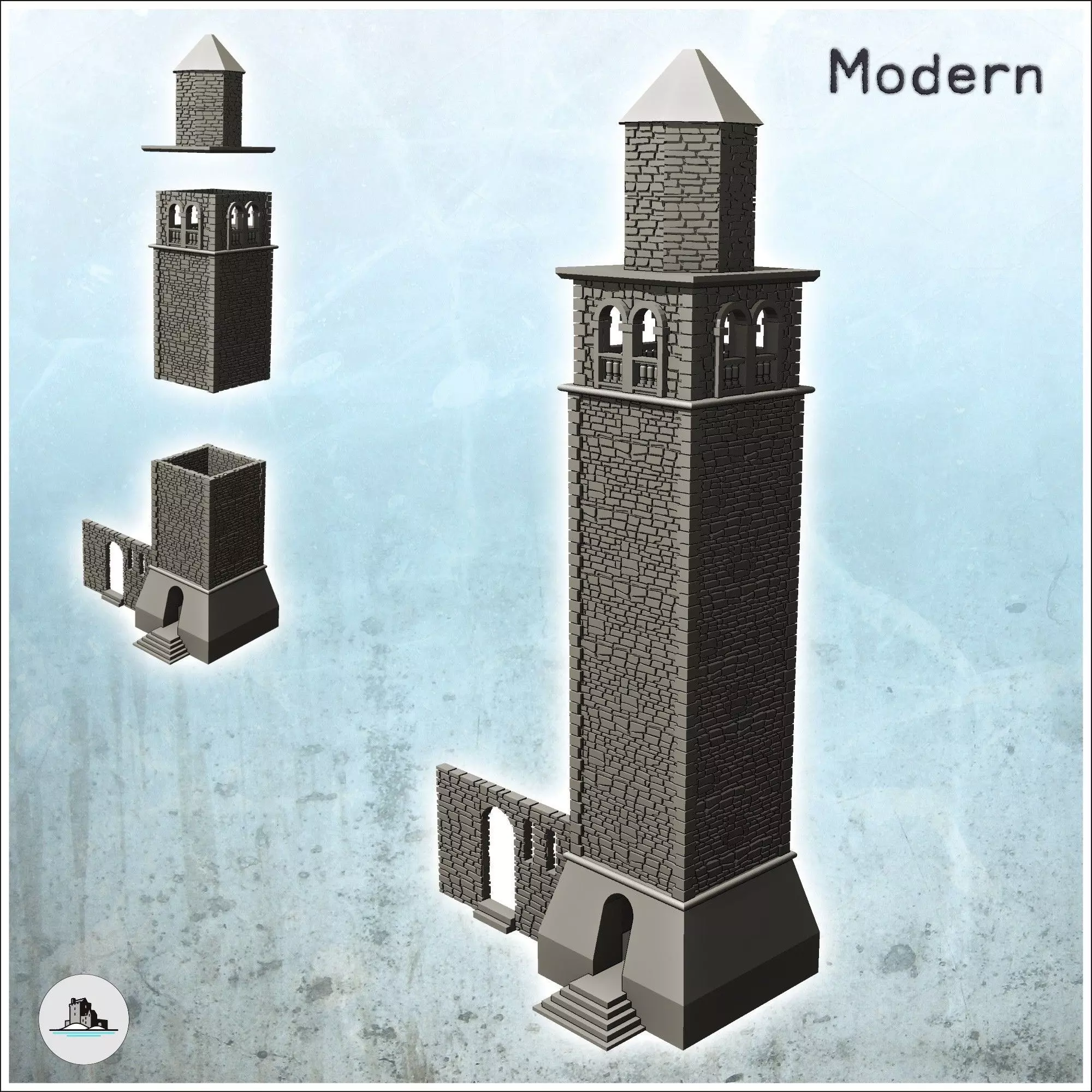 Large stone tower with adjoining wall dice tower version include 3D print model_0