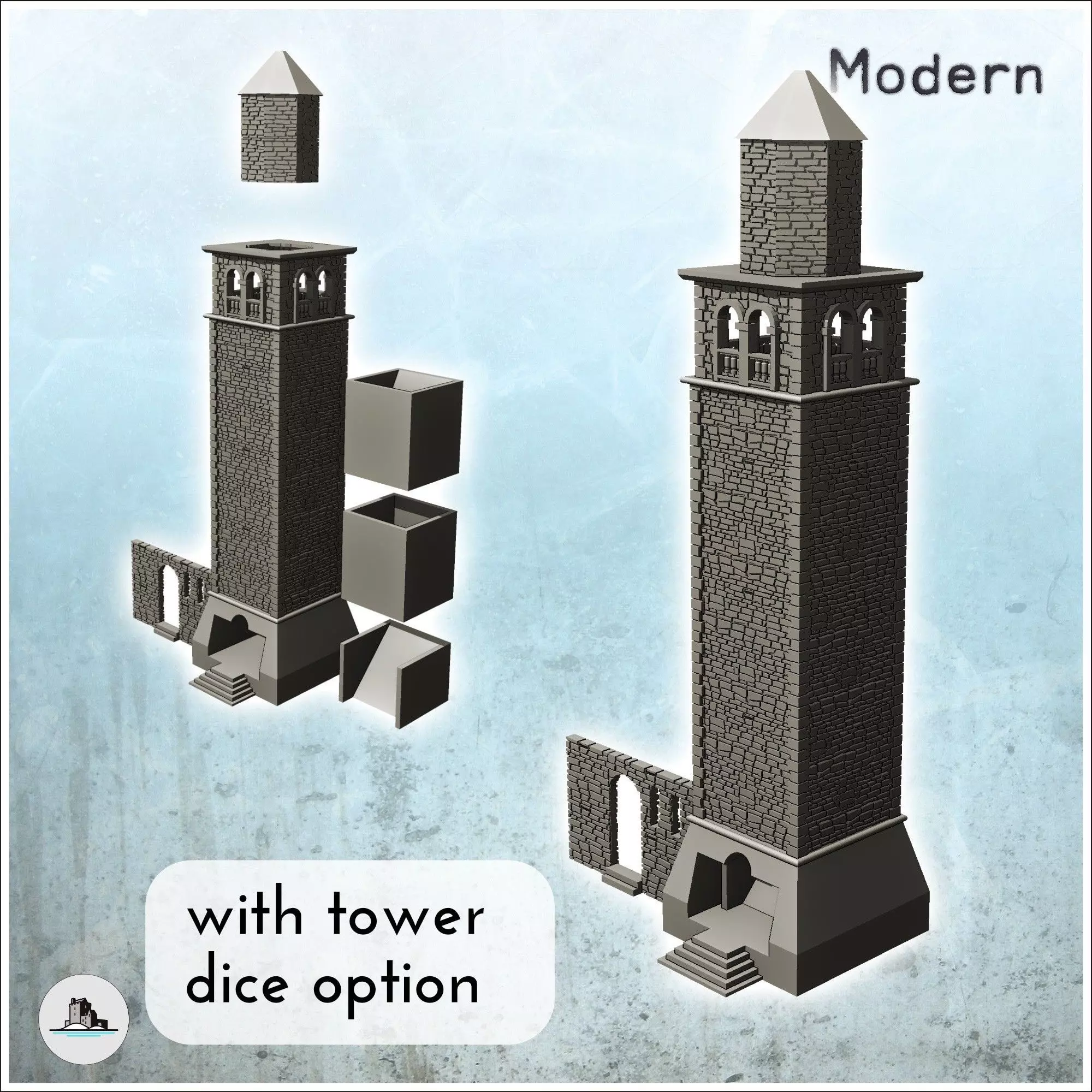 Large stone tower with adjoining wall dice tower version include 3D print model_1