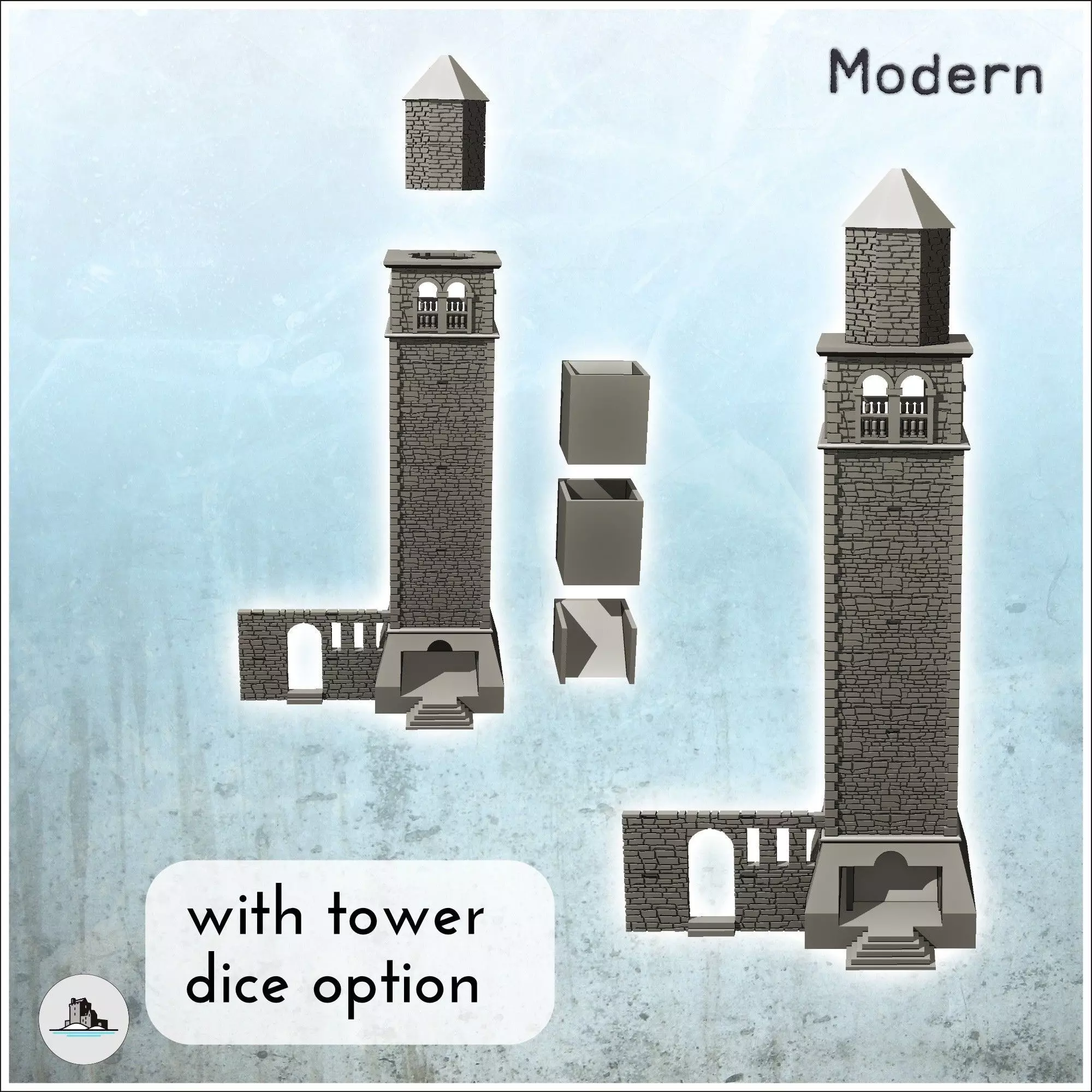 Large stone tower with adjoining wall dice tower version include 3D print model_2
