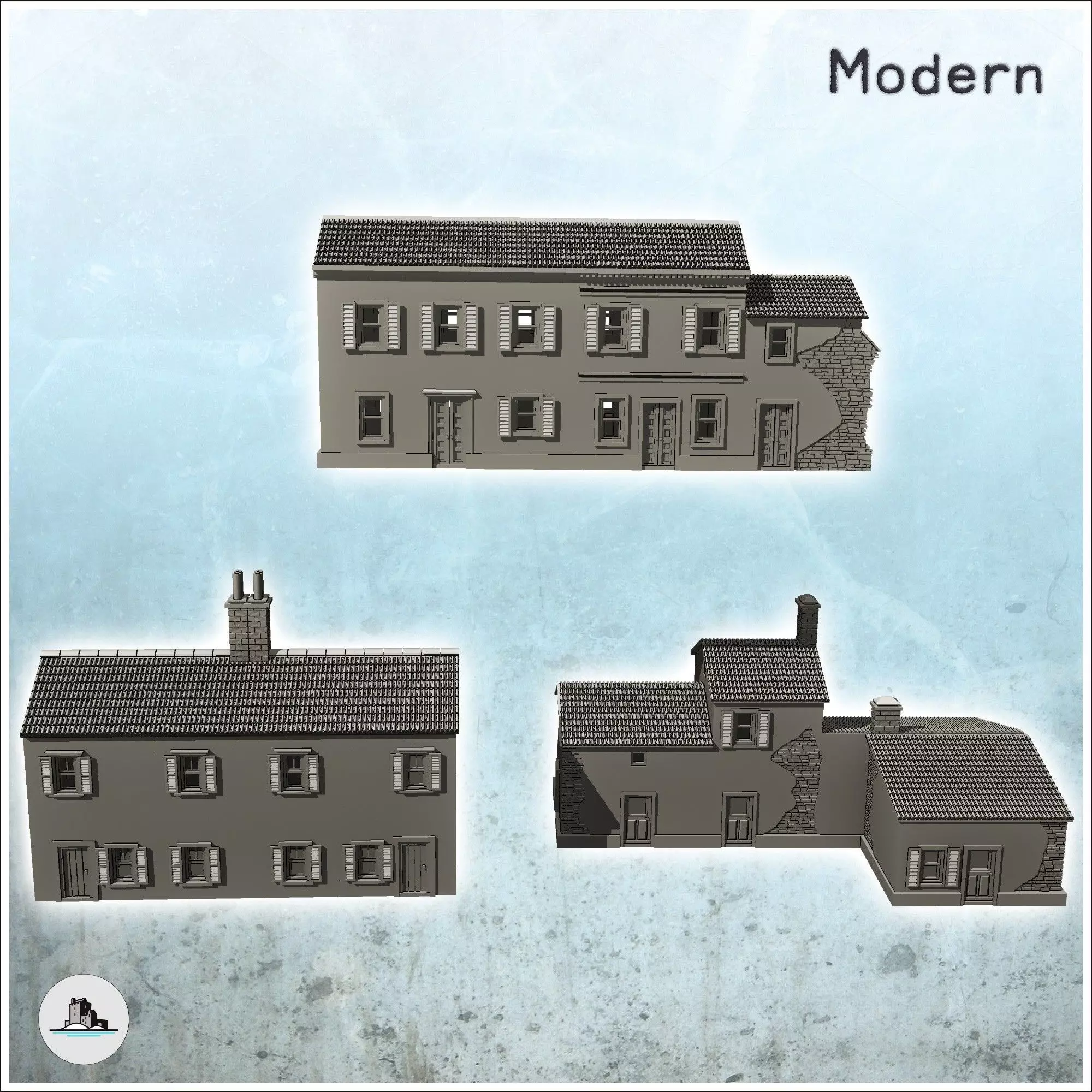 Set of three European houses in plaster and stone with floors 6 3D print model_2