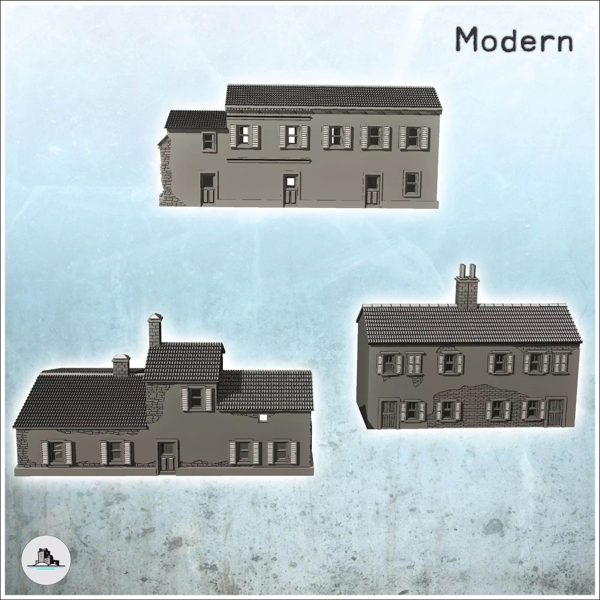 Set of three European houses in plaster and stone with floors 6 3D print model_3