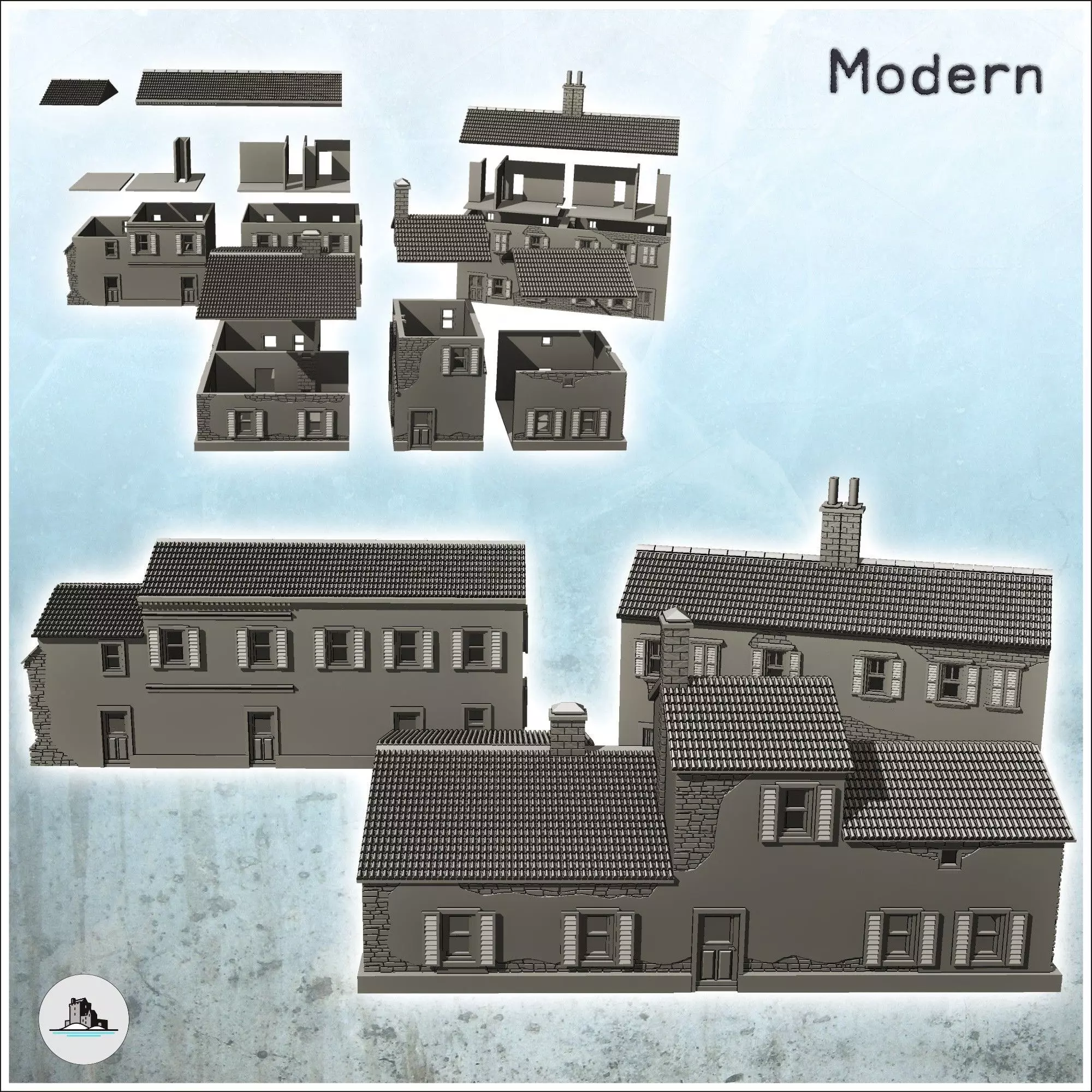 Set of three European houses in plaster and stone with floors 6 3D print model_1