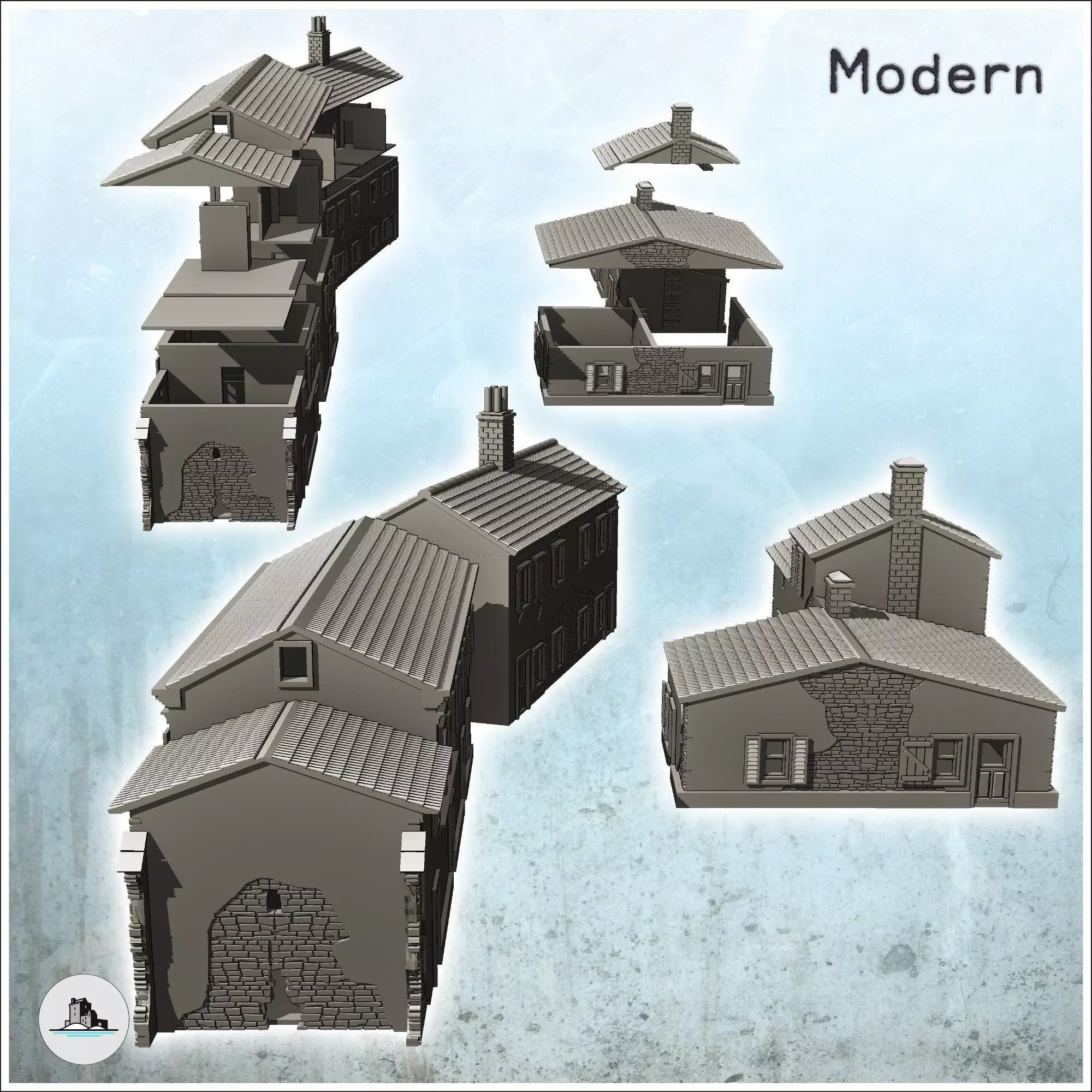 Set of three European houses in plaster and stone with floors 6 3D print model_4