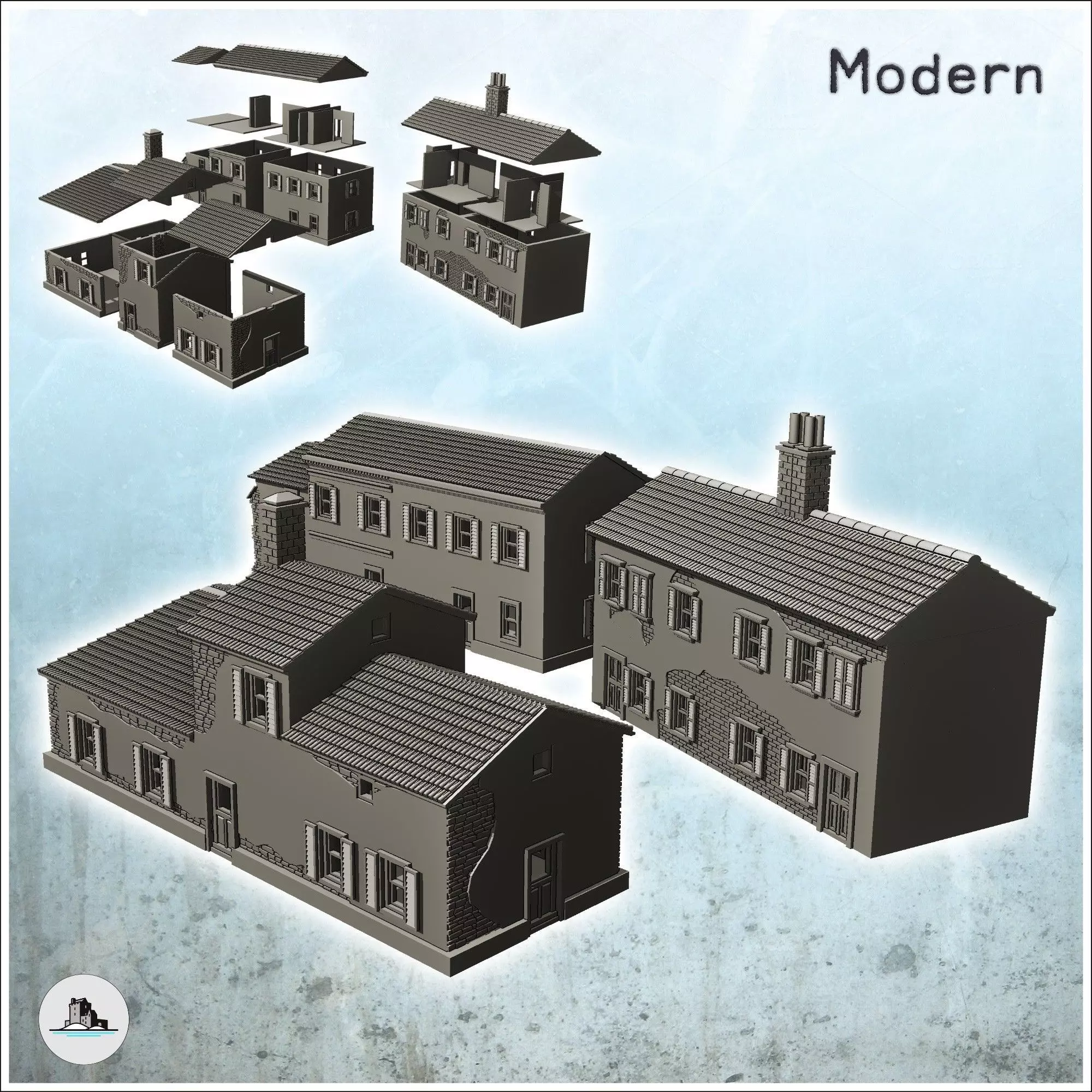Set of three European houses in plaster and stone with floors 6 3D print model_0