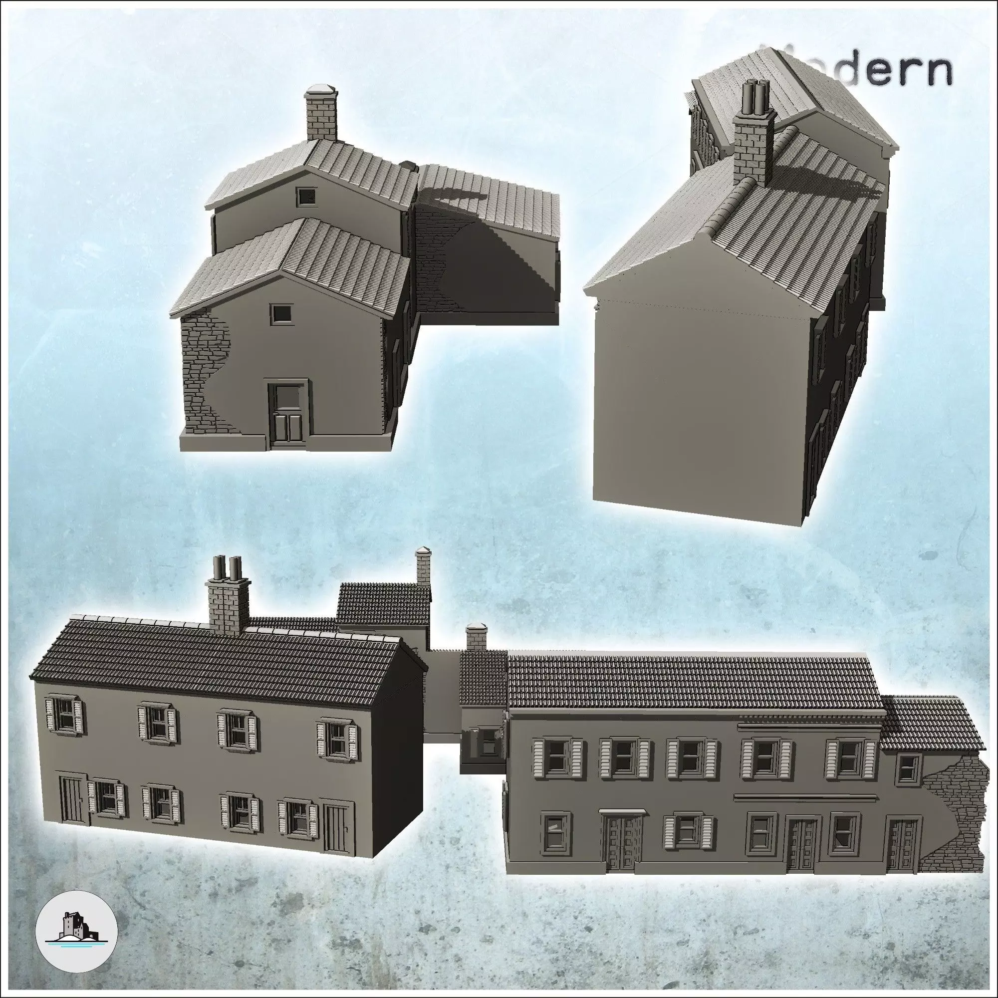 Set of three European houses in plaster and stone with floors 6 3D print model_5