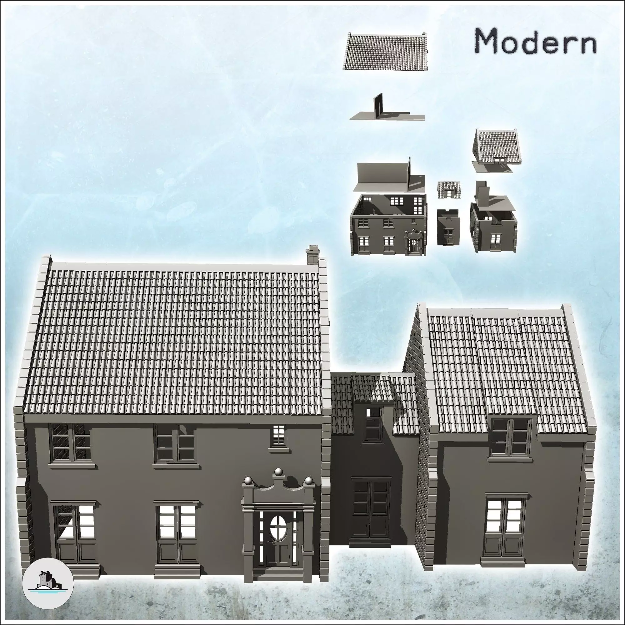 Double houses with central building and floor 6 - World War Two 3D print model_1