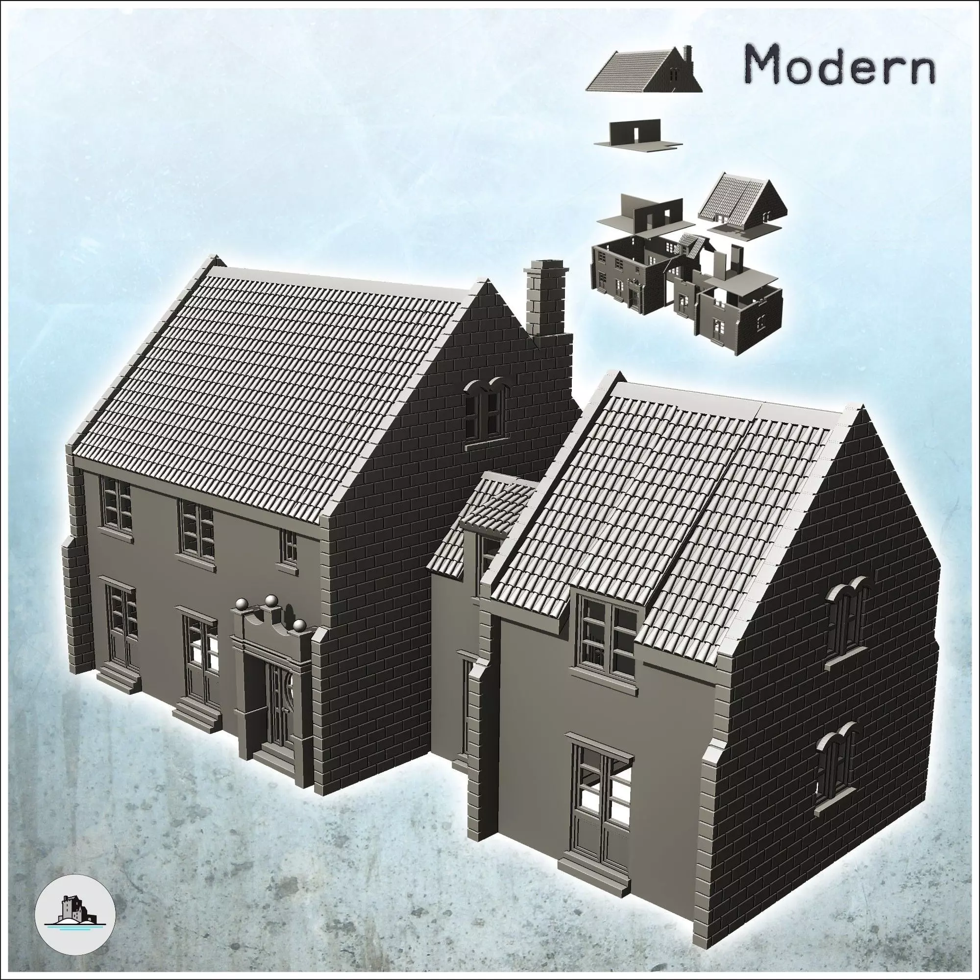 Double houses with central building and floor 6 - World War Two 3D print model_0