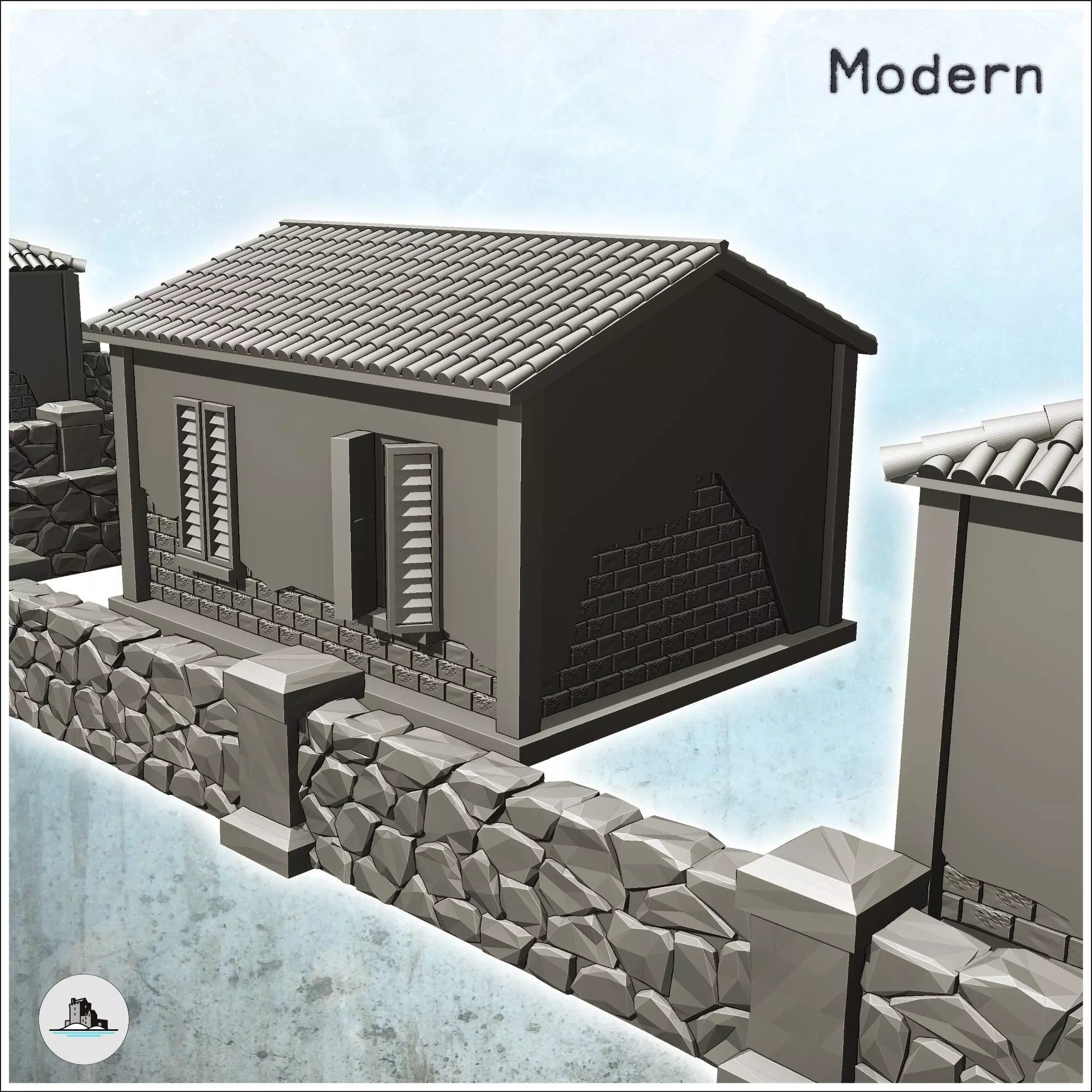 Set of five European houses and walls intact version - World War 3D print model_5