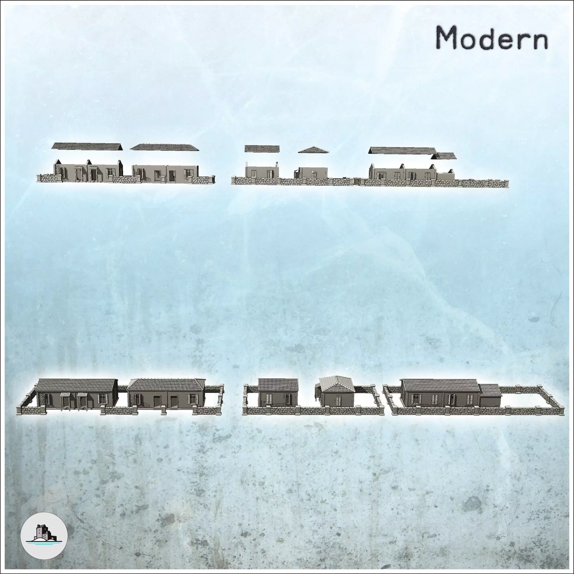 Set of five European houses and walls intact version - World War 3D print model_1