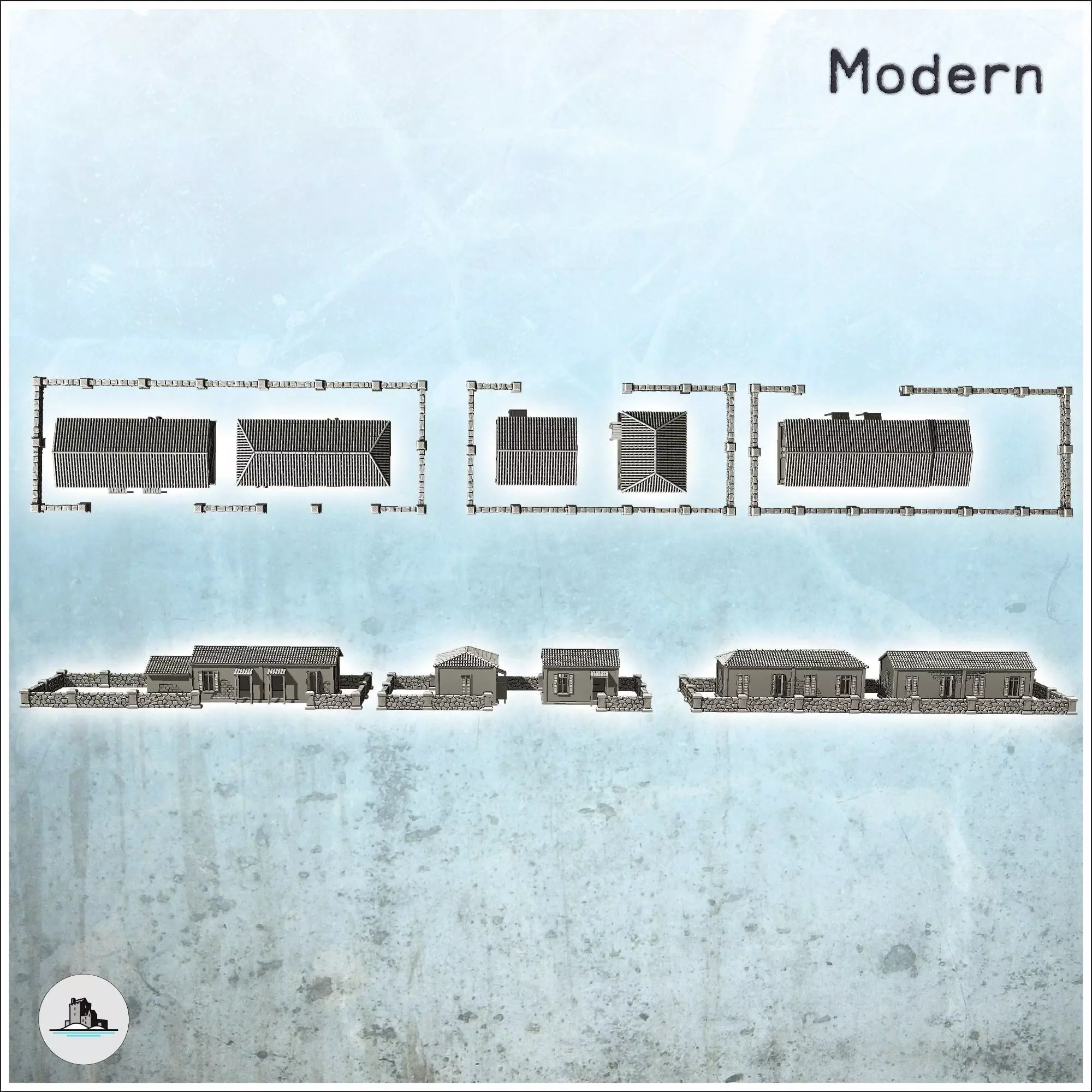 Set of five European houses and walls intact version - World War 3D print model_4