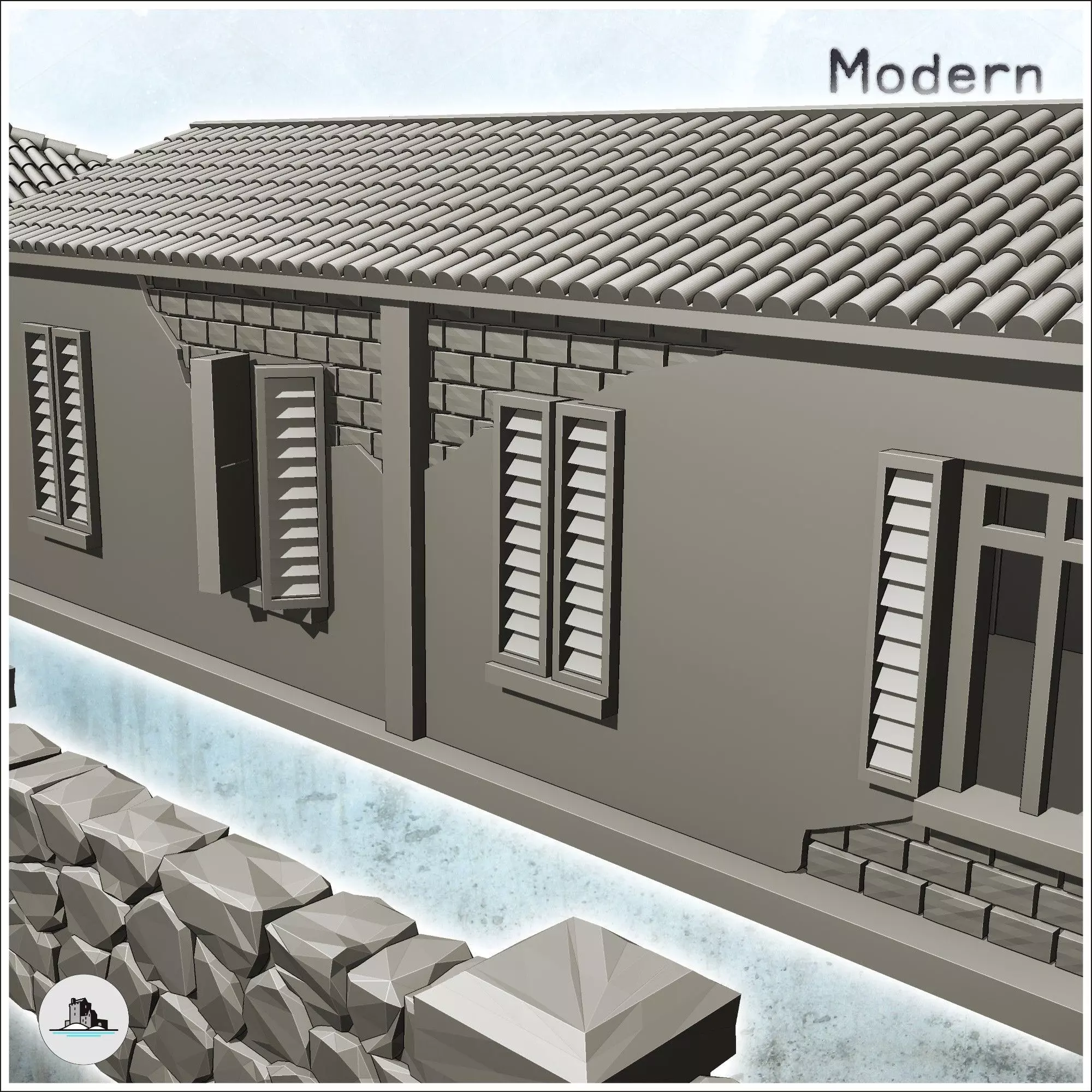 Set of five European houses and walls intact version - World War 3D print model_7