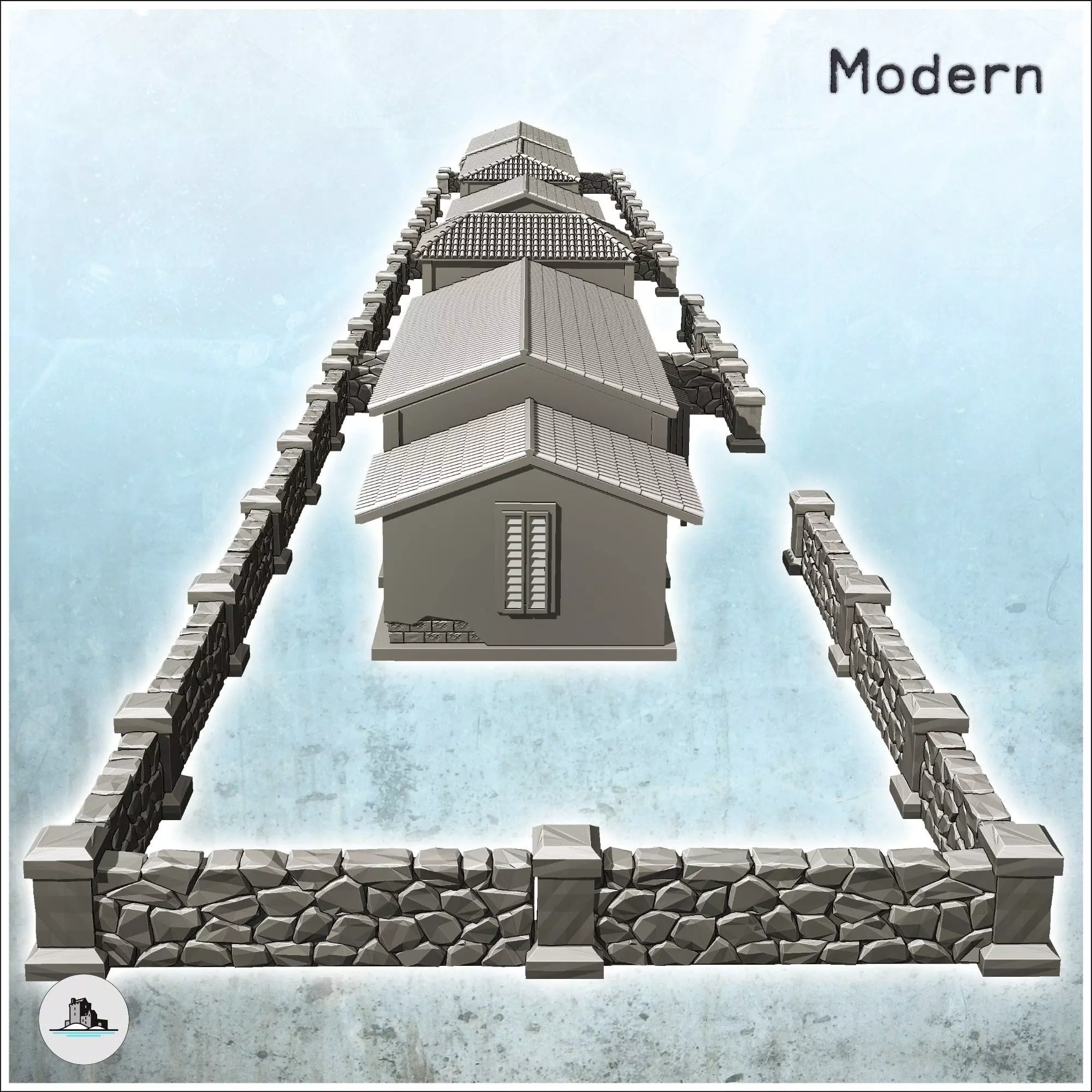 Set of five European houses and walls intact version - World War 3D print model_3