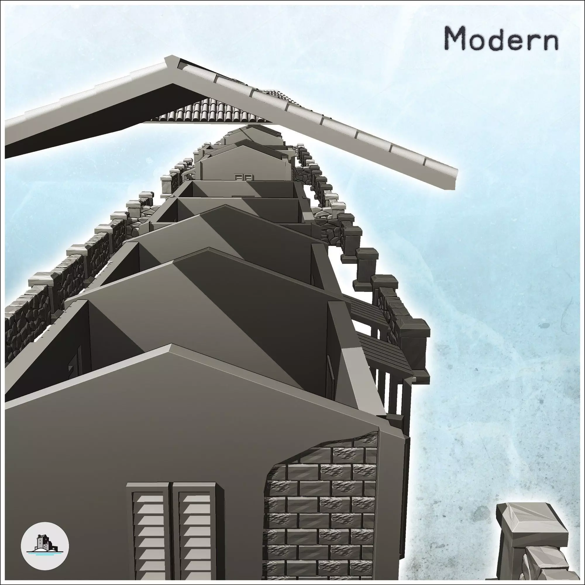 Set of five European houses and walls intact version - World War 3D print model_8