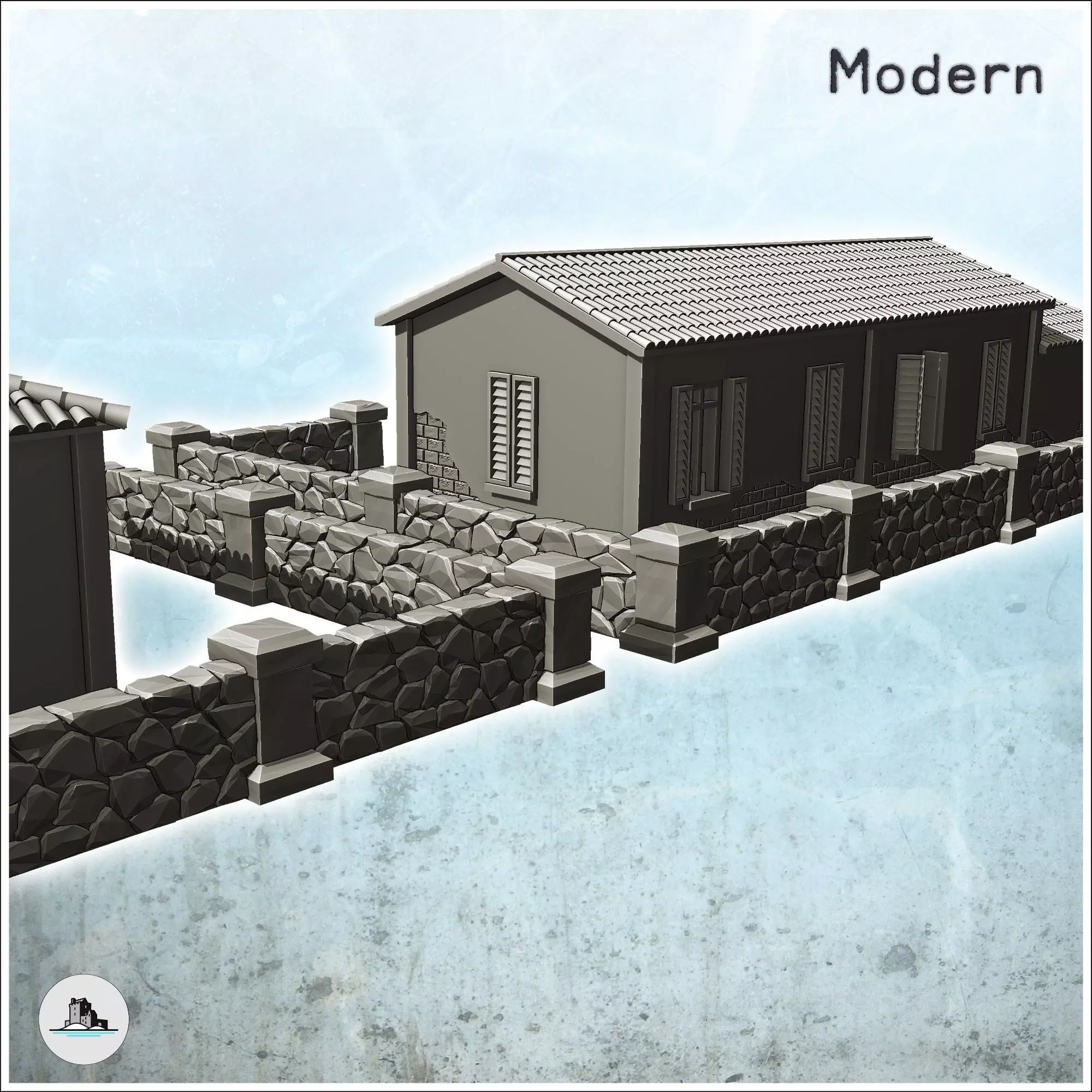 Set of five European houses and walls intact version - World War 3D print model_6