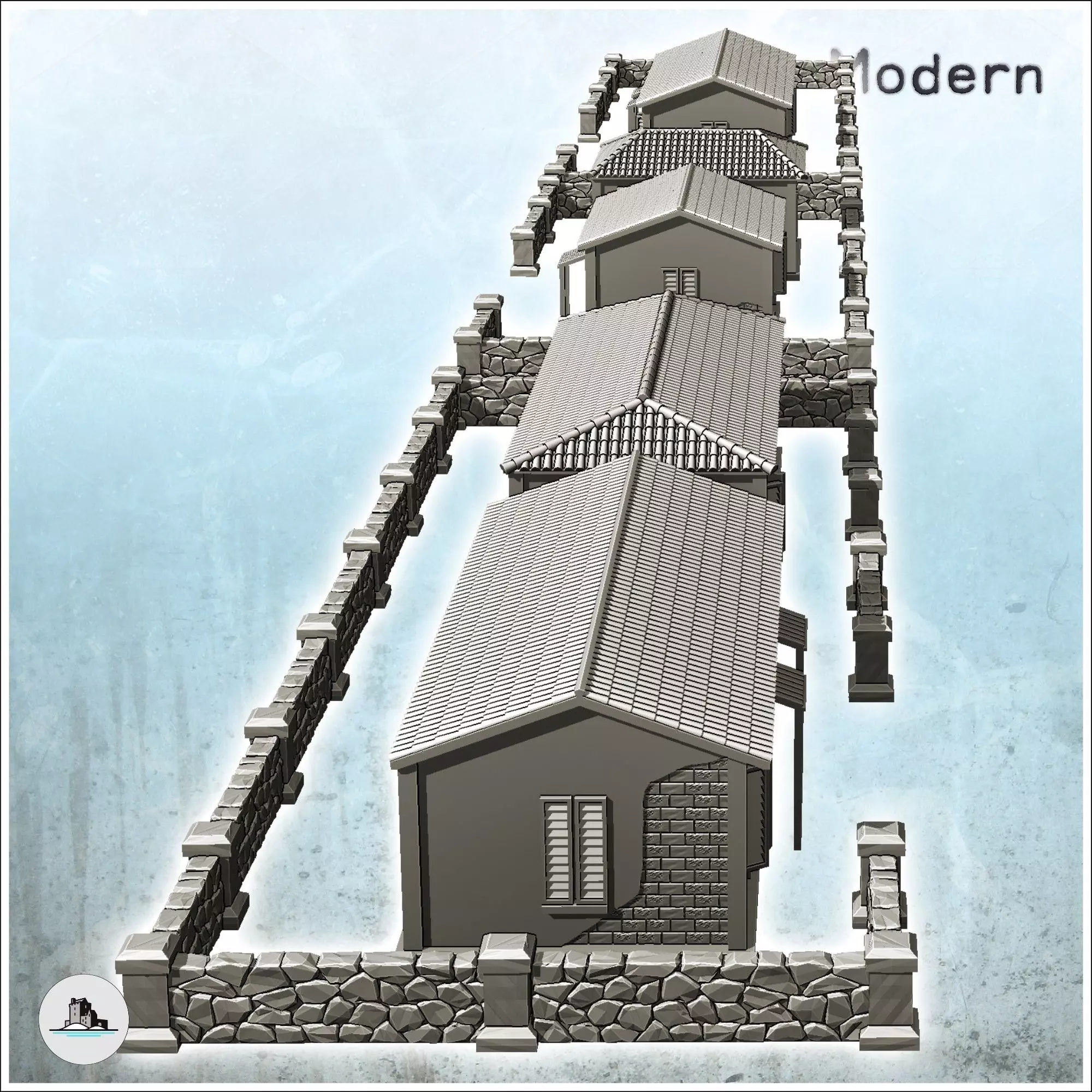 Set of five European houses and walls intact version - World War 3D print model_2