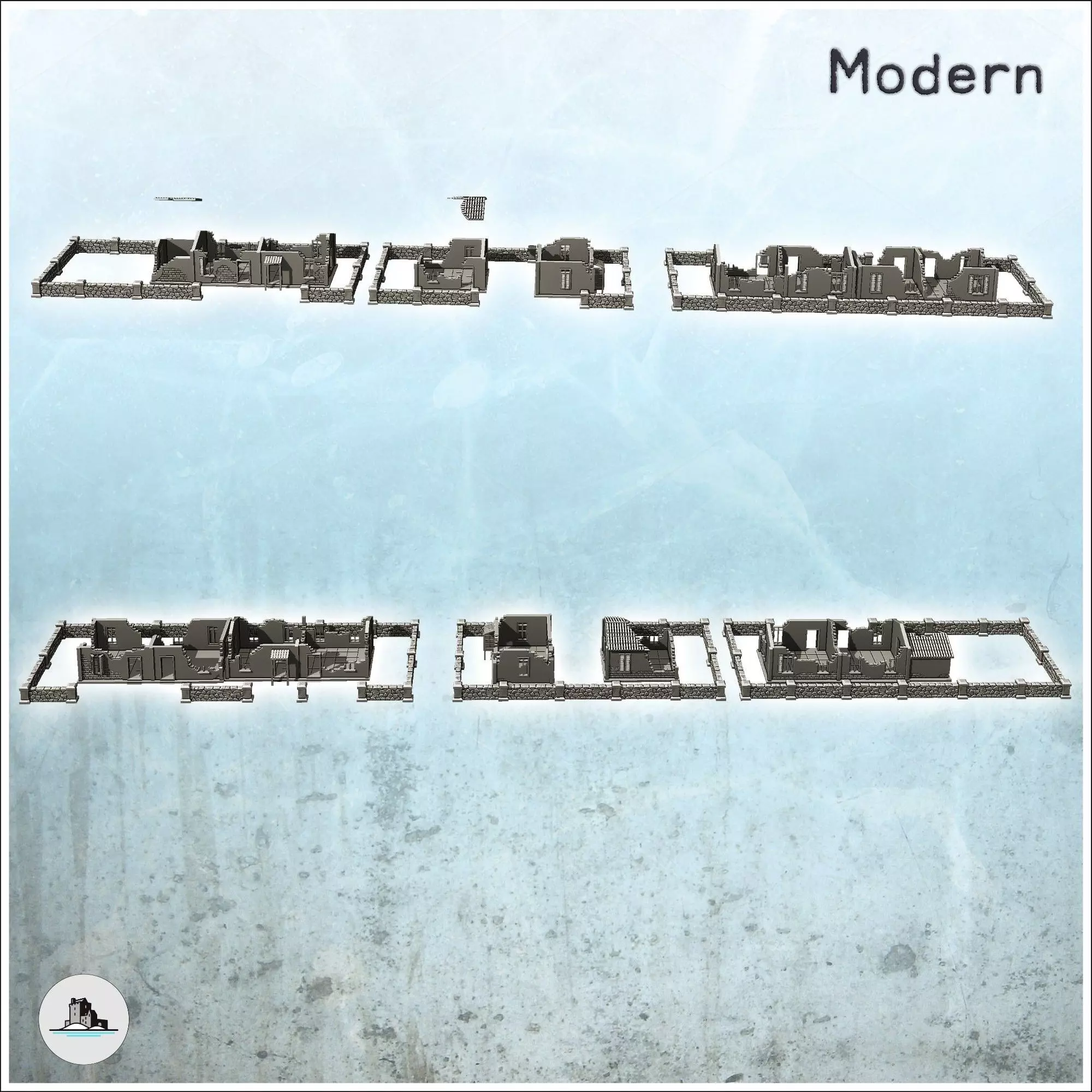 Set of five European houses and walls ruined version - World War 3D print model_1