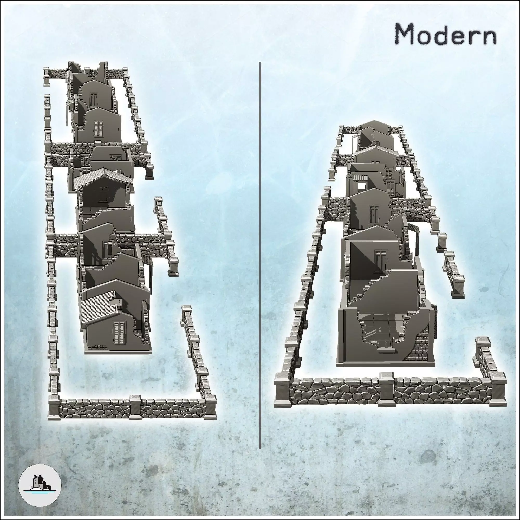 Set of five European houses and walls ruined version - World War 3D print model_4