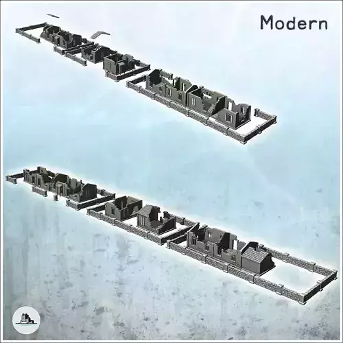 Set of five European houses and walls ruined version - World War