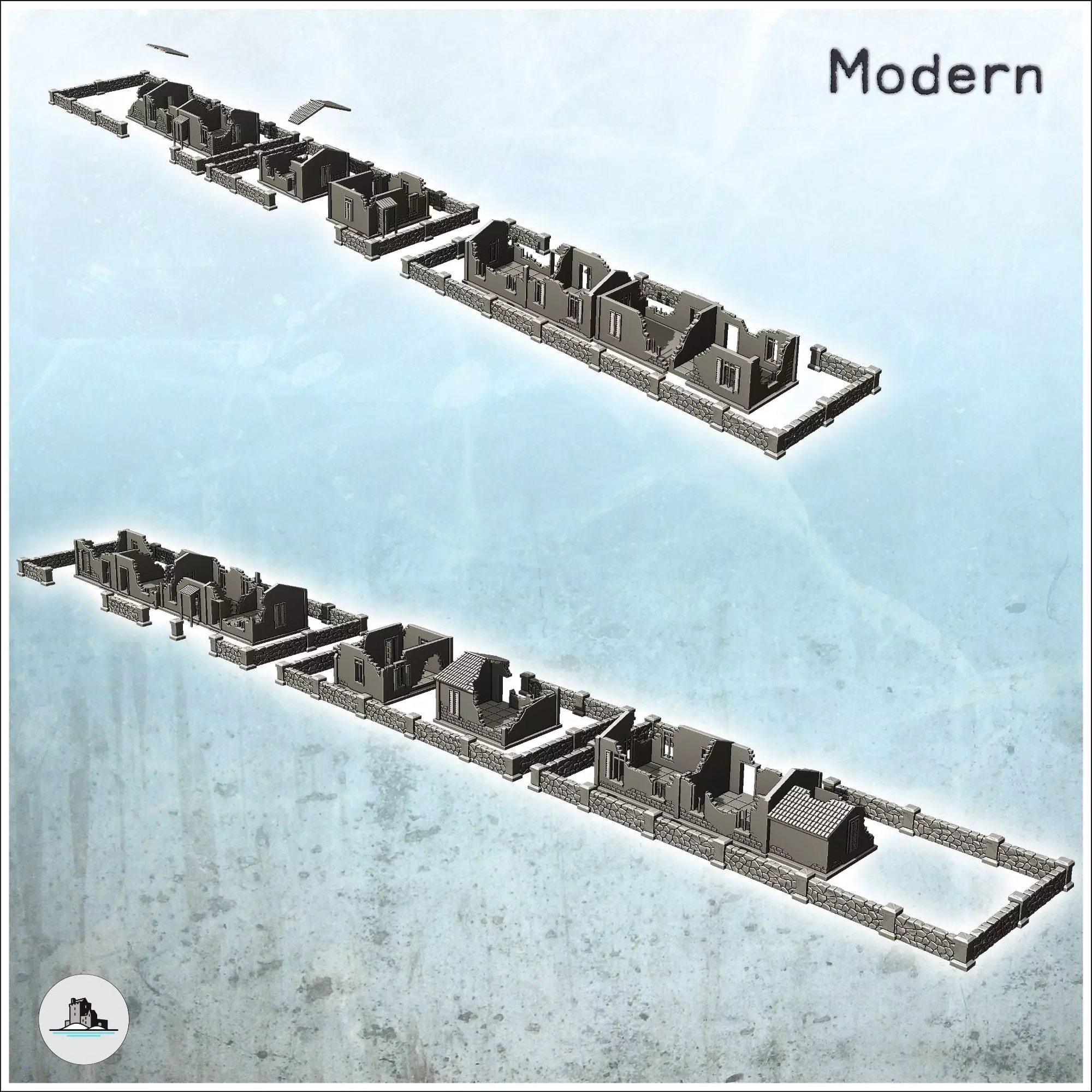 Set of five European houses and walls ruined version - World War 3D print model_0