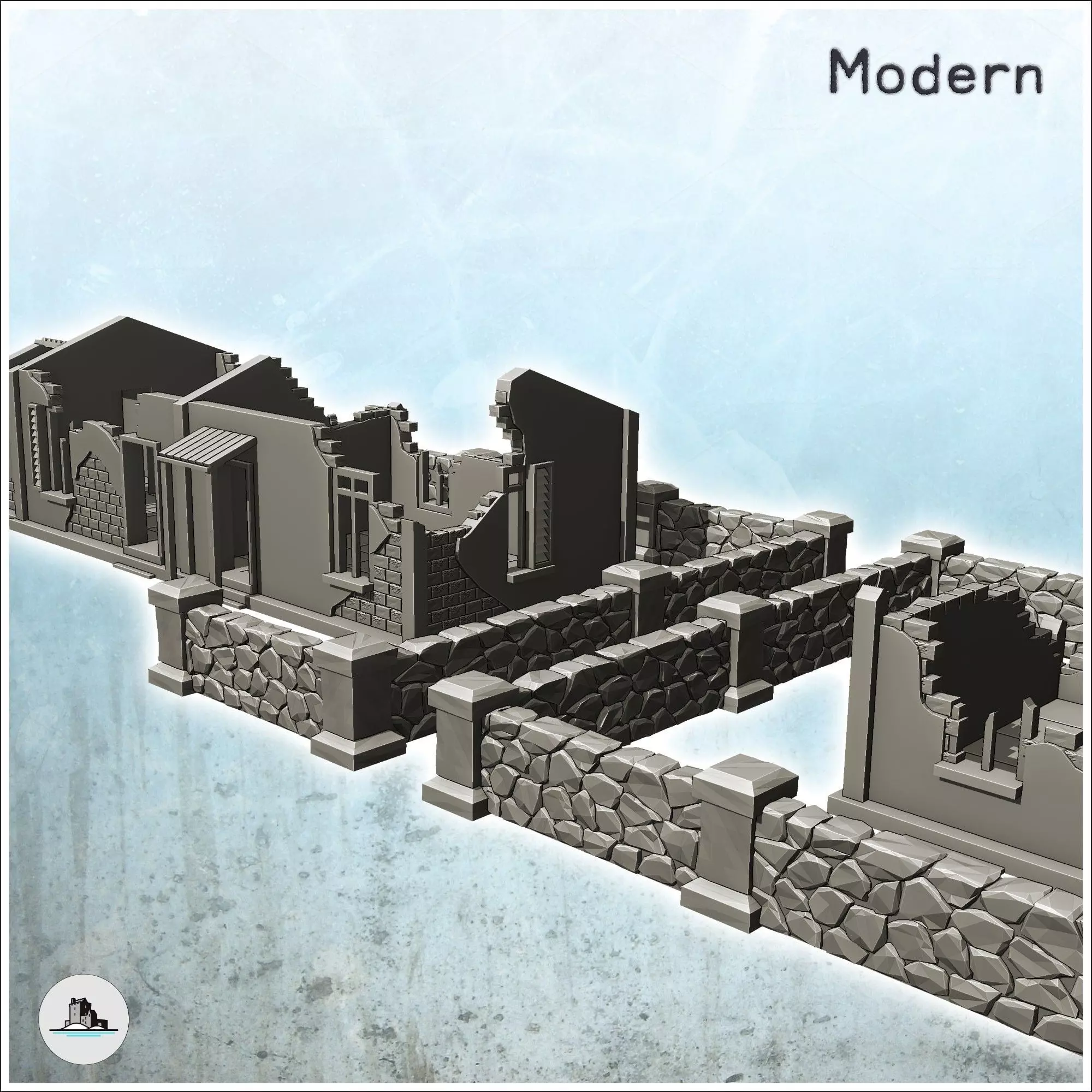 Set of five European houses and walls ruined version - World War 3D print model_6