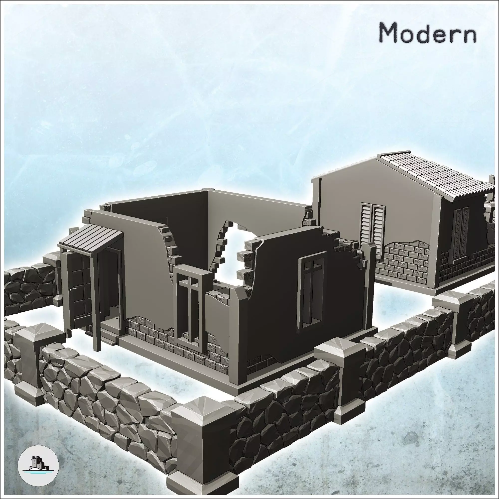 Set of five European houses and walls ruined version - World War 3D print model_7