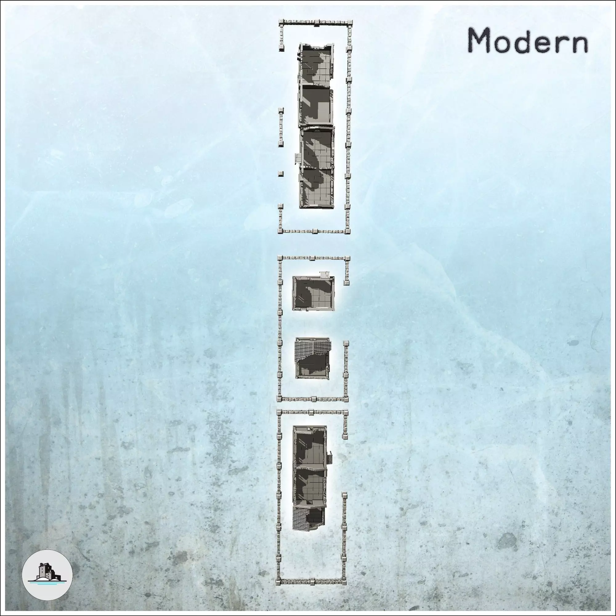 Set of five European houses and walls ruined version - World War 3D print model_5