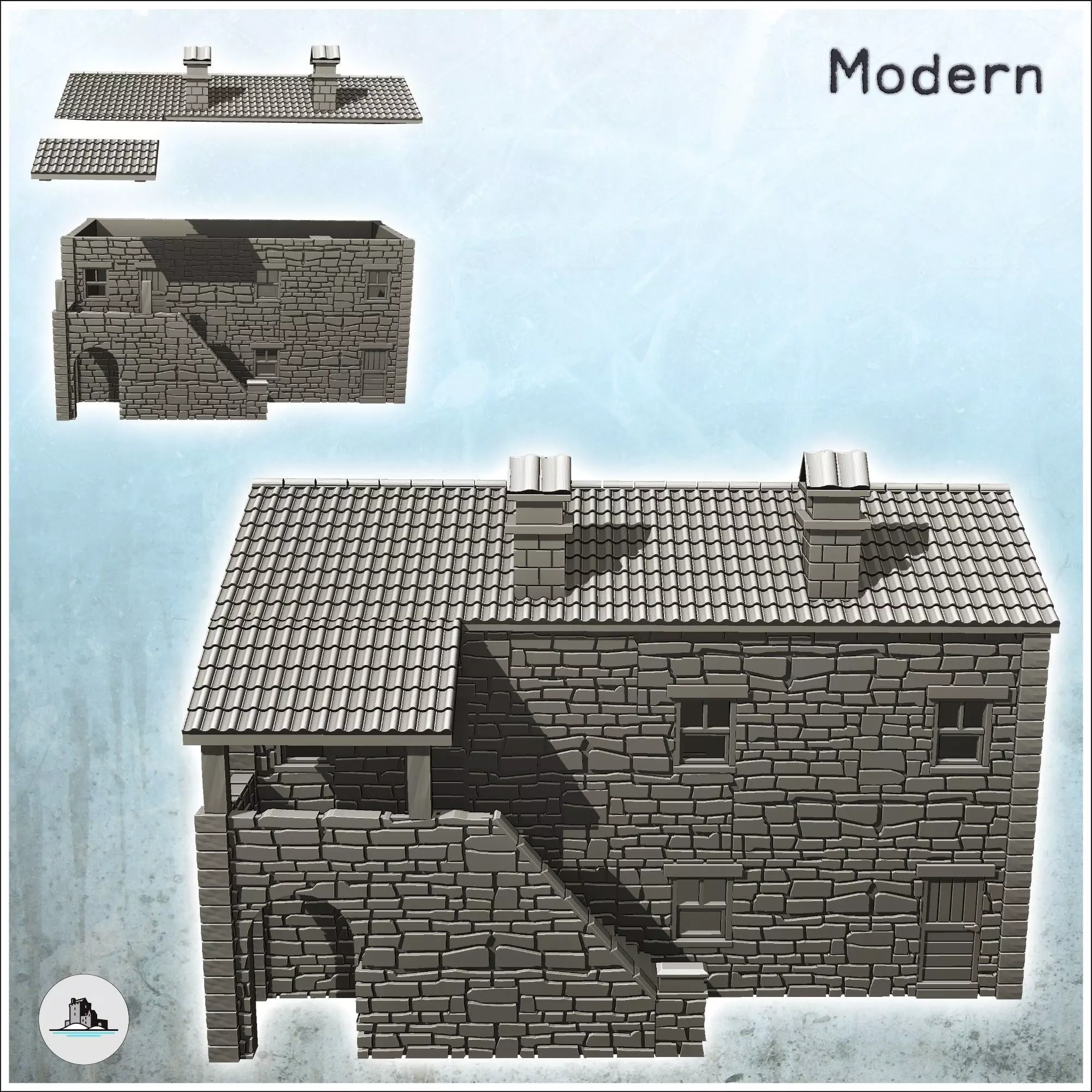 House in exposed stone with access stairs and tiled roof 20 - Wo 3D print model_1