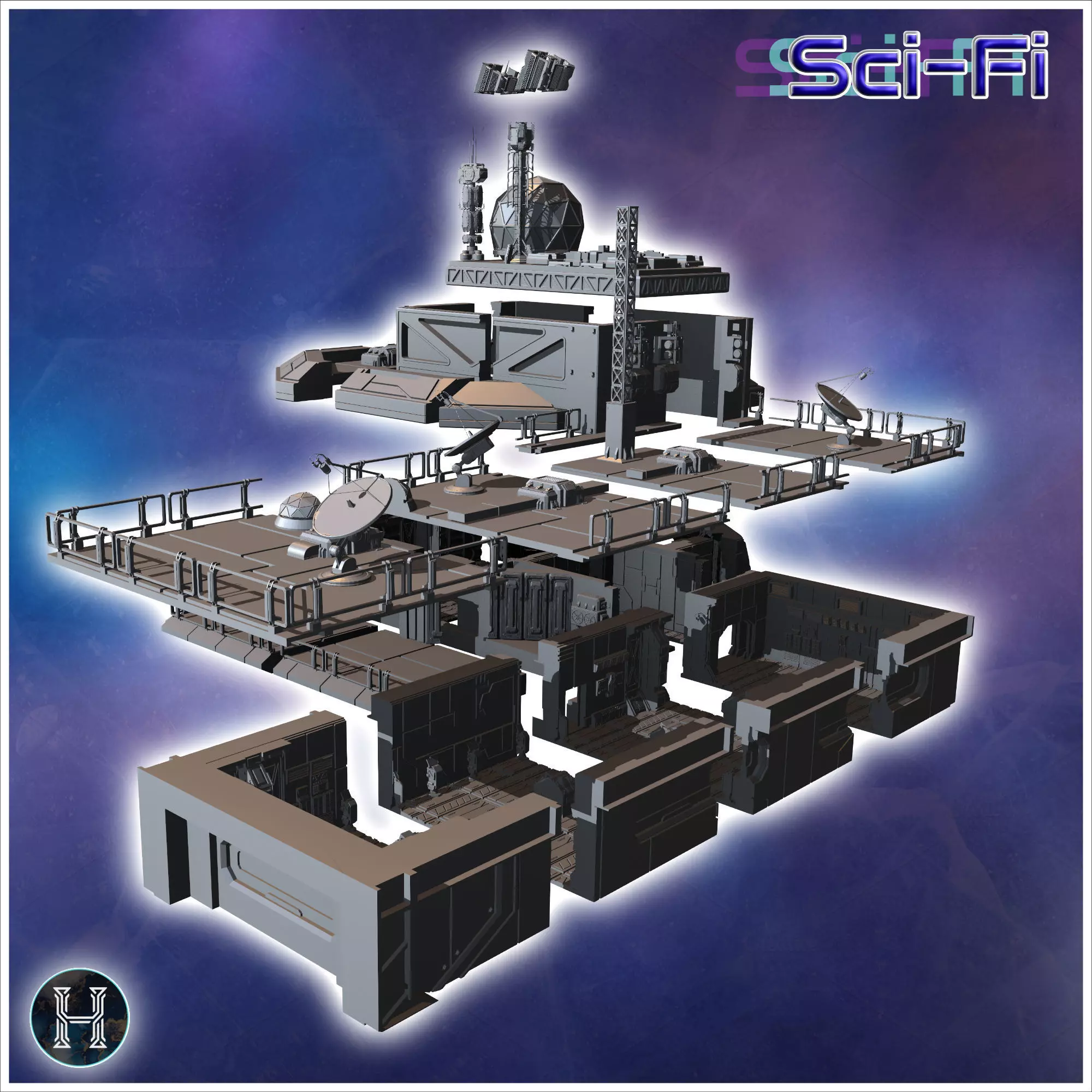 Futuristic complex with multiple interconnected structures and a 3D print model_6