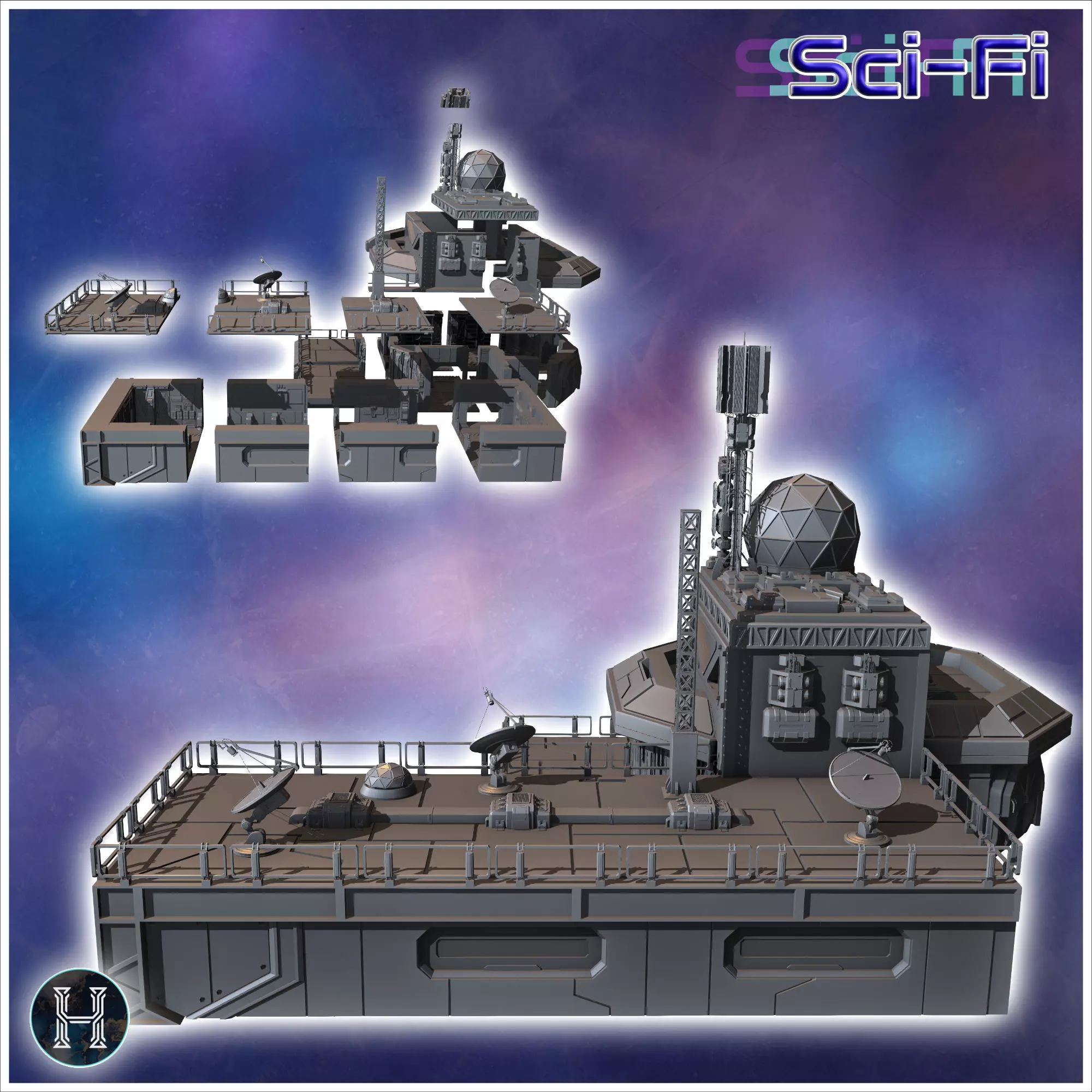 Futuristic complex with multiple interconnected structures and a 3D print model_4