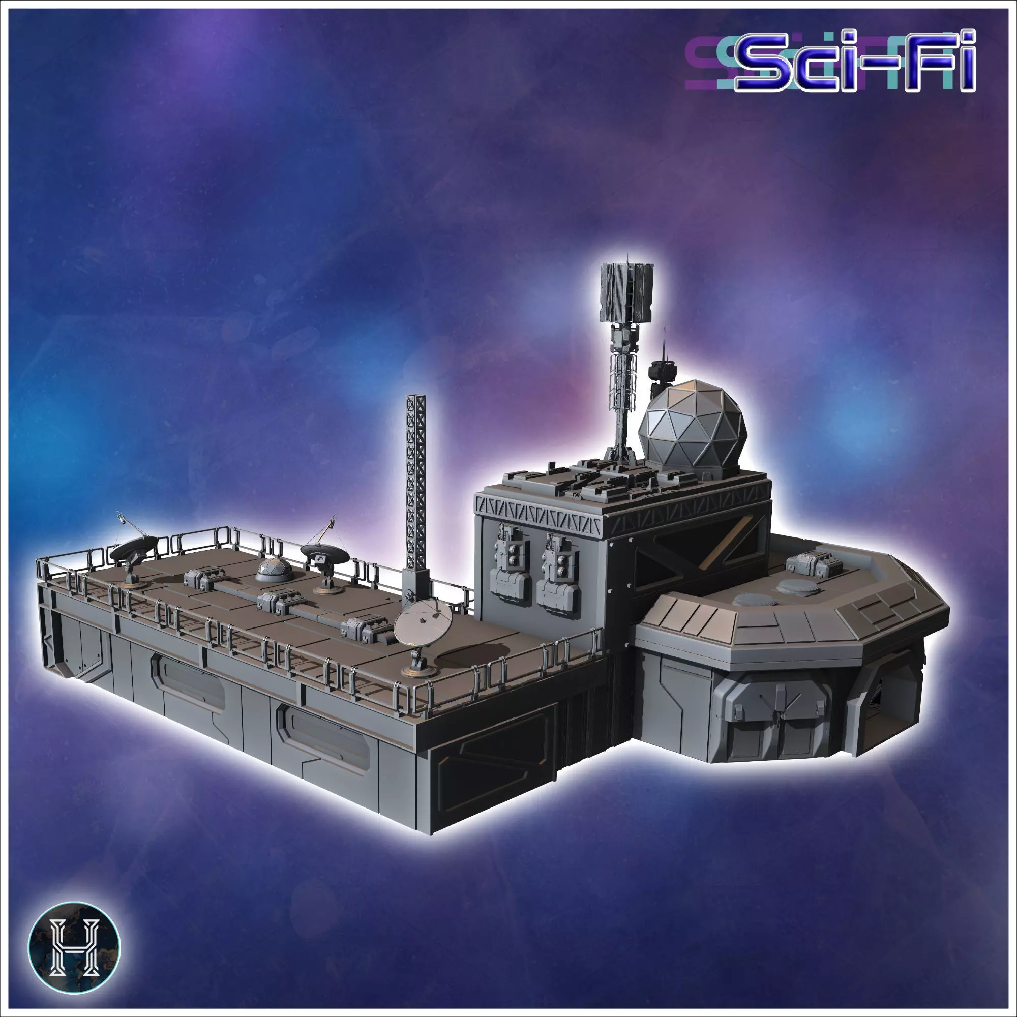 Futuristic complex with multiple interconnected structures and a 3D print model_1