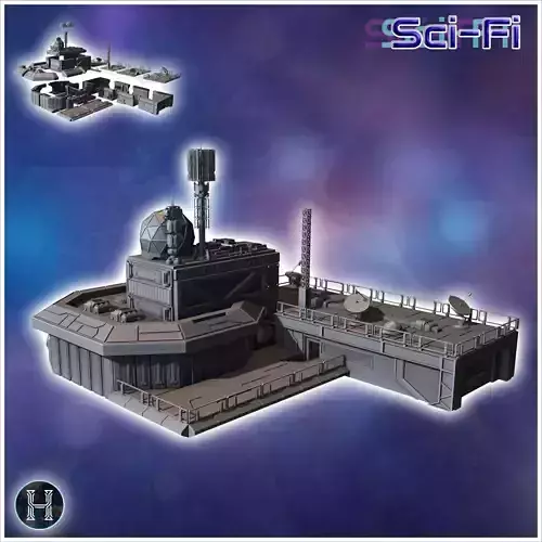 Futuristic complex with multiple interconnected structures and a 3D print model Futuristic complex with multiple interconnected structures and a 3D print model