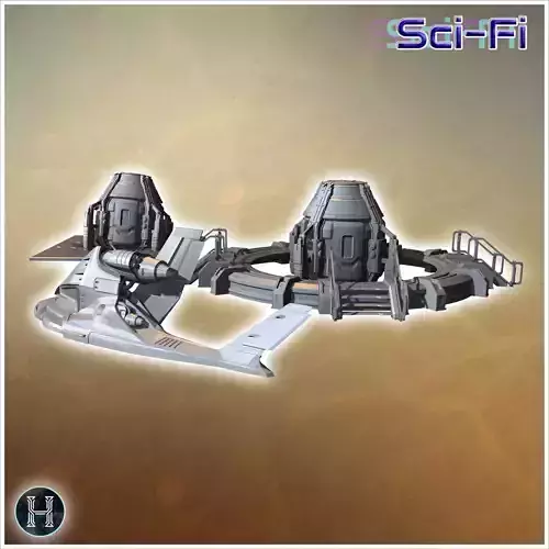 Futuristic escape pod with a satellite communication dishes on r