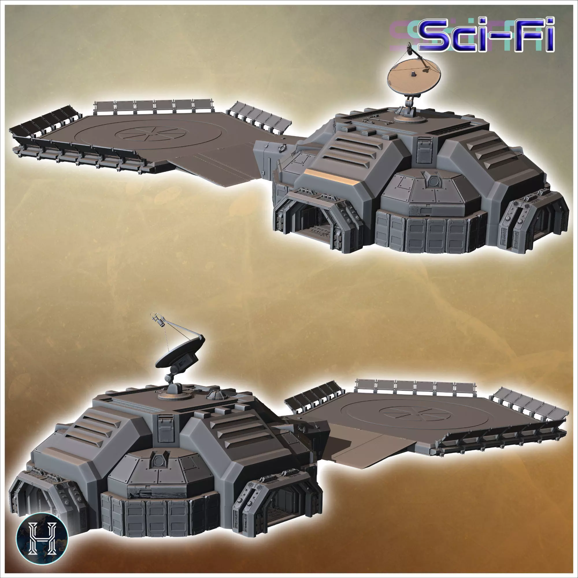 Command center with adjacent large helipad featuring technical e 3D print model_1