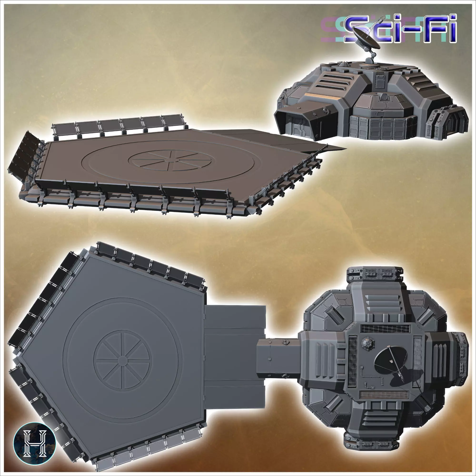 Command center with adjacent large helipad featuring technical e 3D print model_3