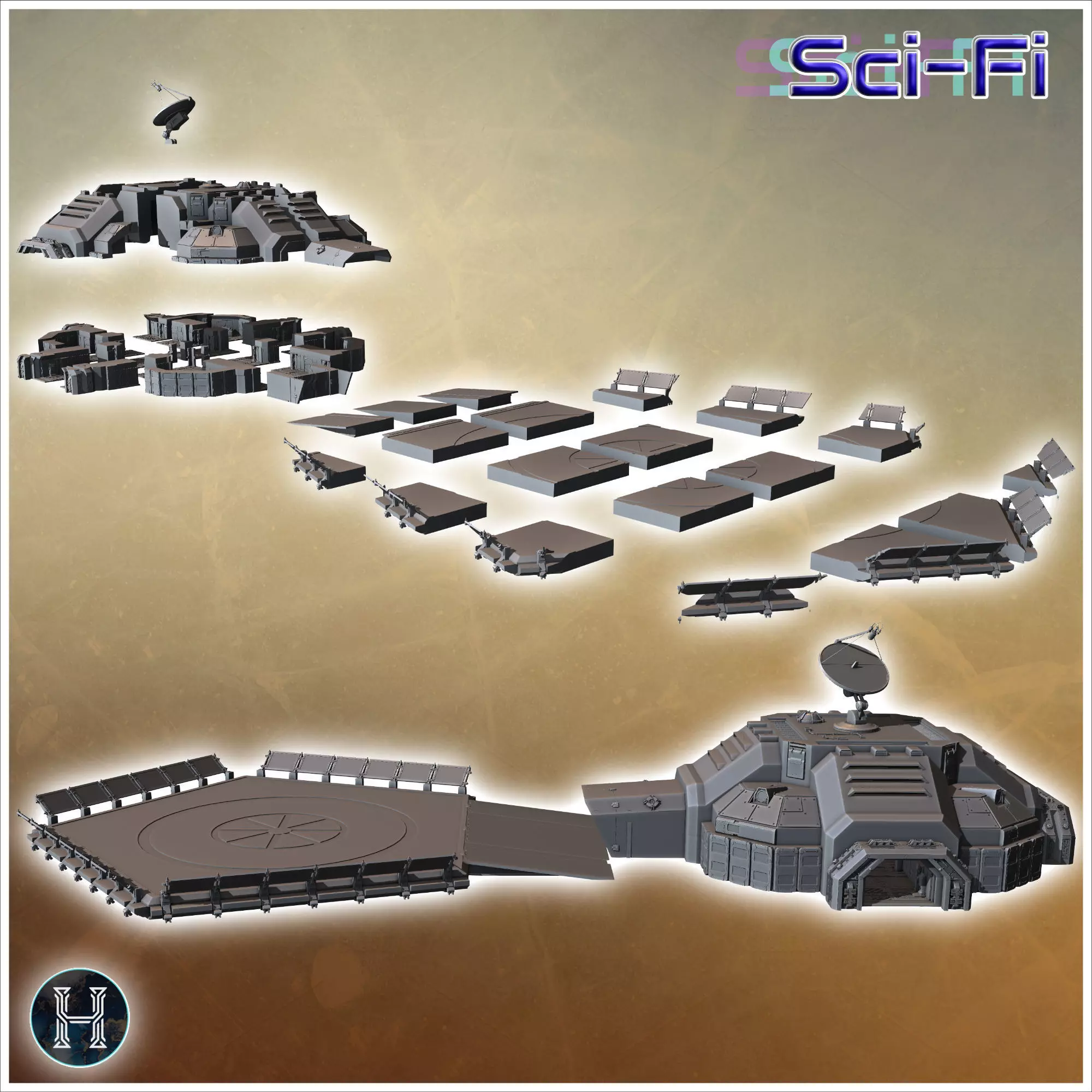Command center with adjacent large helipad featuring technical e 3D print model_4