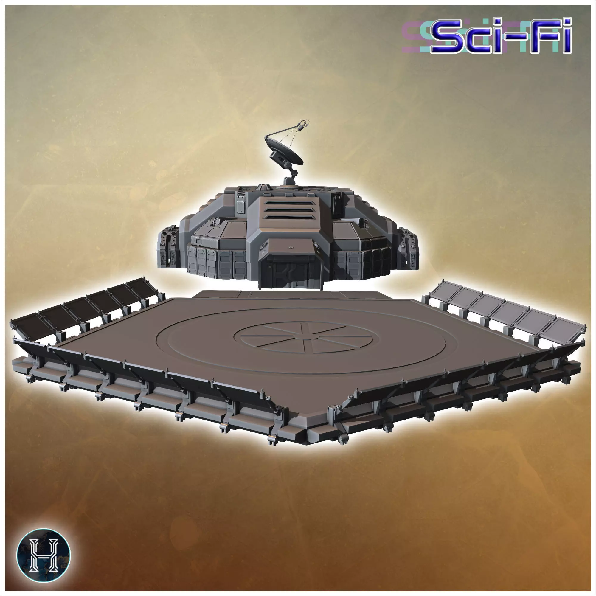 Command center with adjacent large helipad featuring technical e 3D print model_5