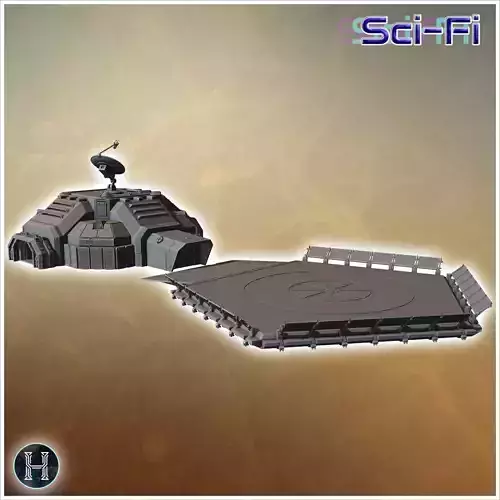 Command center with adjacent large helipad featuring technical e 3D print model Command center with adjacent large helipad featuring technical e 3D print model