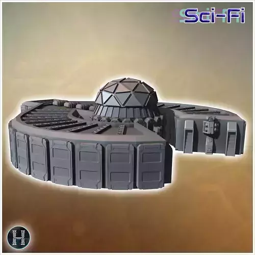 Futuristic dome structure with numerous panels and multiple entr