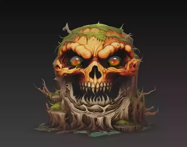 Haunted Treerot Skull - Stylized Horror Forest 3D Sculpture
