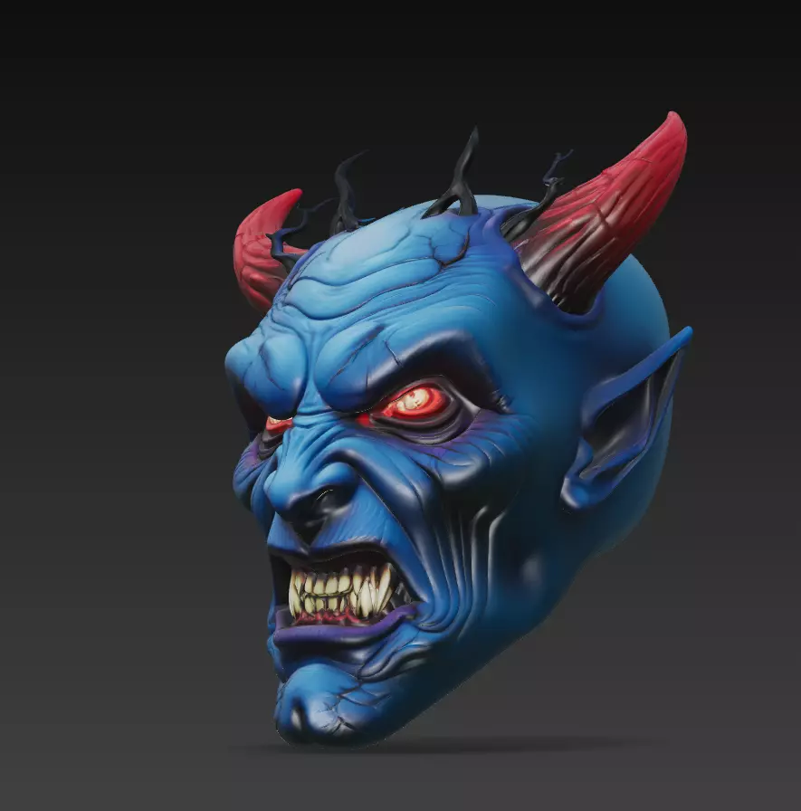 Blue Horned Demon - Stylized Fantasy Head Sculpture 3D Model 3D print model_2
