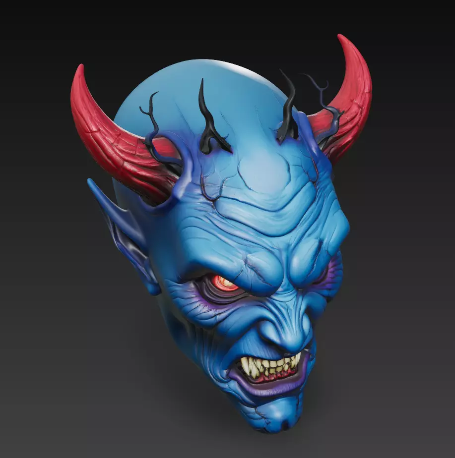 Blue Horned Demon - Stylized Fantasy Head Sculpture 3D Model 3D print model_3