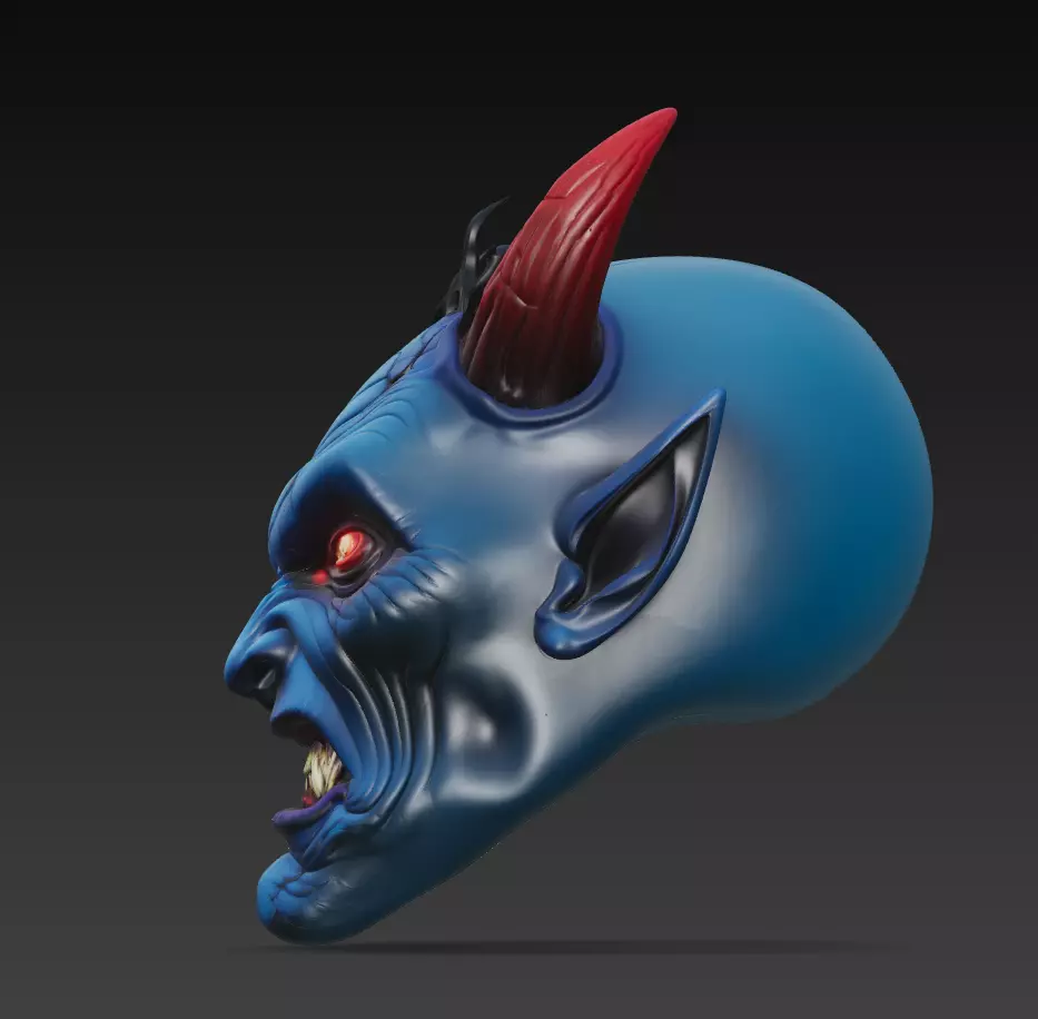 Blue Horned Demon - Stylized Fantasy Head Sculpture 3D Model 3D print model_4