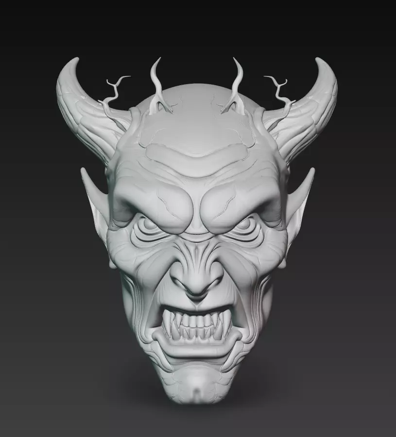 Blue Horned Demon - Stylized Fantasy Head Sculpture 3D Model 3D print model_7