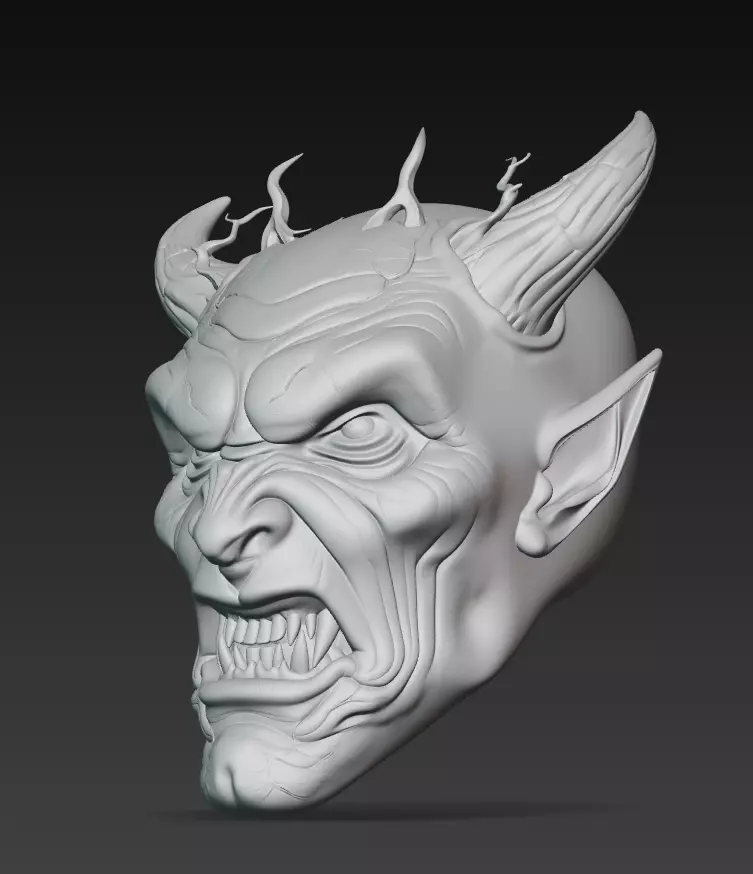 Blue Horned Demon - Stylized Fantasy Head Sculpture 3D Model 3D print model_9