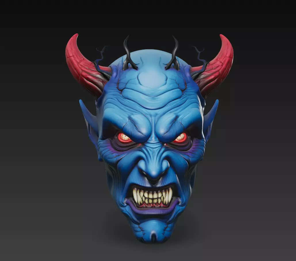 Blue Horned Demon - Stylized Fantasy Head Sculpture 3D Model 3D print model_1