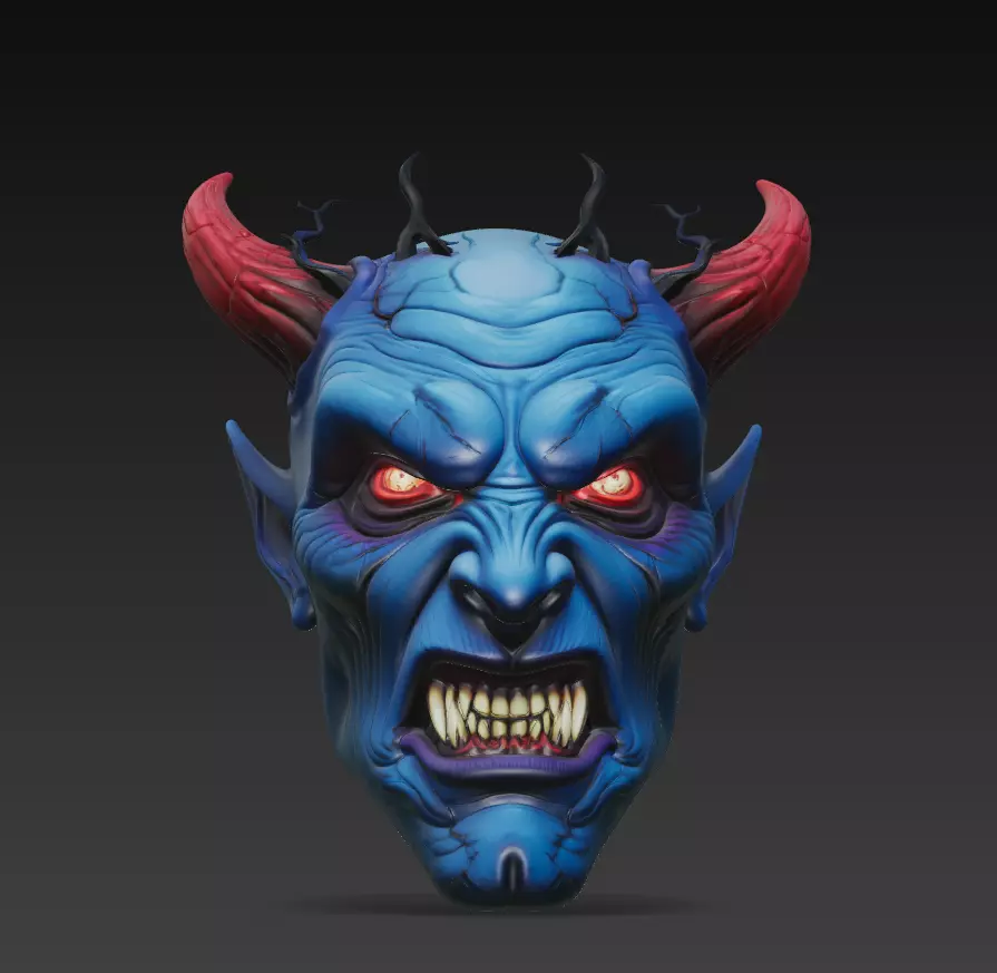 Blue Horned Demon - Stylized Fantasy Head Sculpture 3D Model 3D print model_0