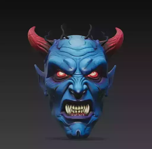 Blue Horned Demon - Stylized Fantasy Head Sculpture 3D Model