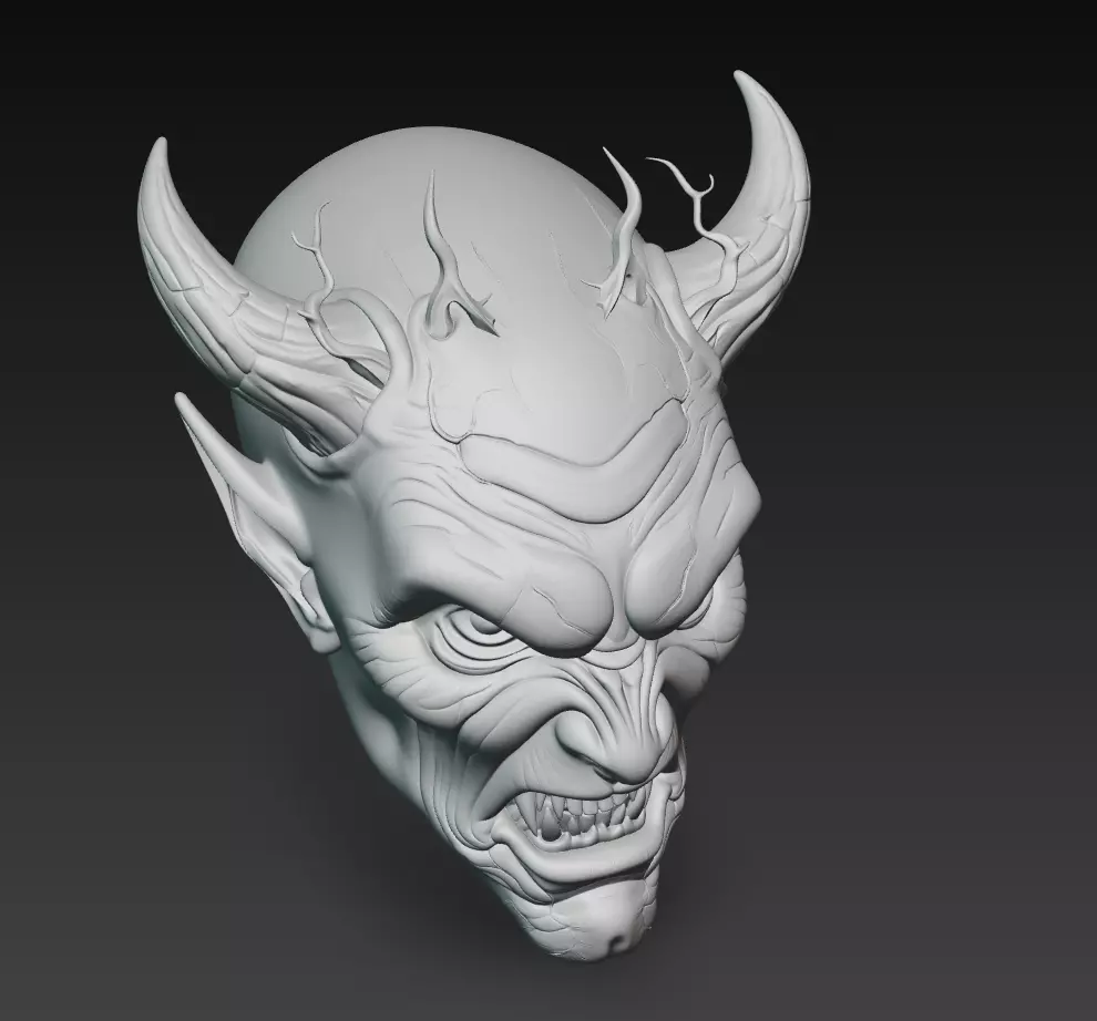 Blue Horned Demon - Stylized Fantasy Head Sculpture 3D Model 3D print model_6