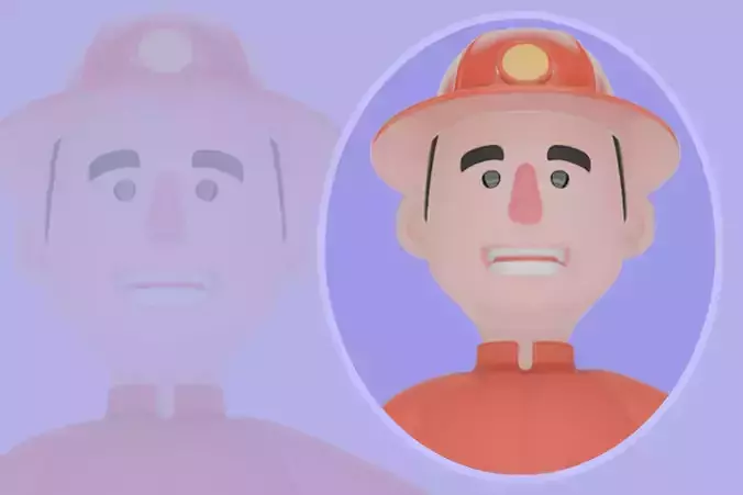 Stylized 3D Firefighter Character with Pole Hook-Cartoon Fireman