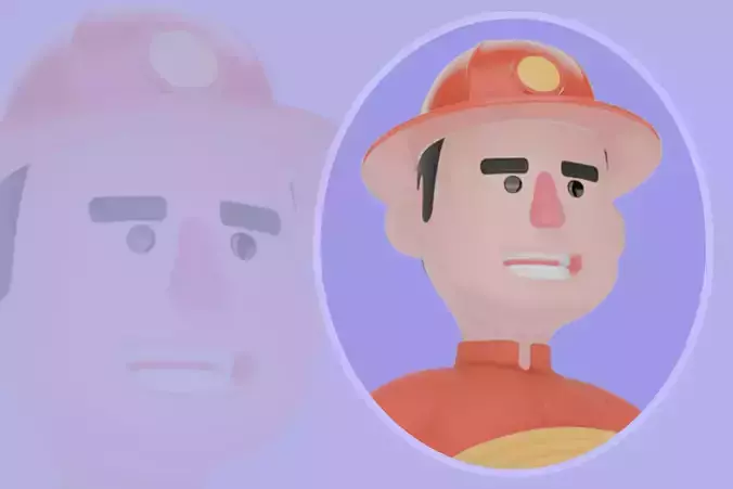 Stylized 3D Firefighter Holding Yellow Hose - Cartoon Fireman